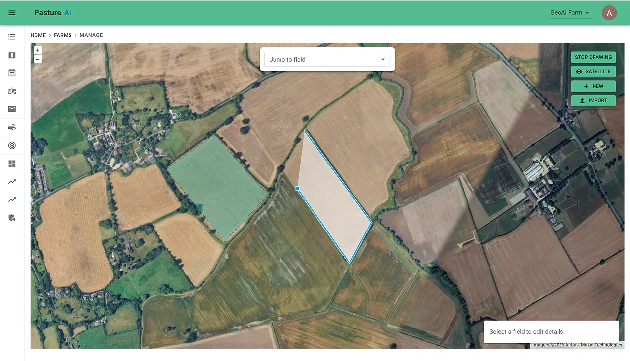 Creating a new field boundary in the Agribot AI platform, shown over satellite imagery of farmland.