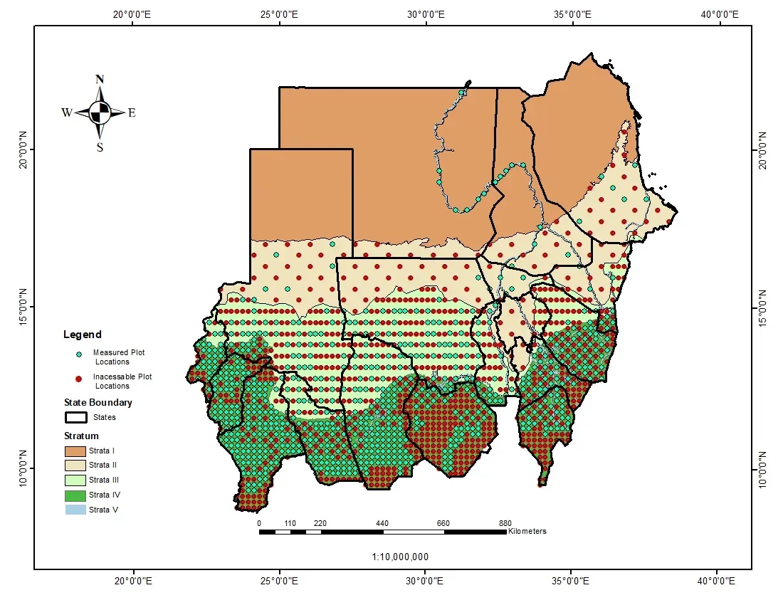 Map of Sudan's National Forest Inventory sampling grid, with each plot marked according to whether field crews were able to reach it.
