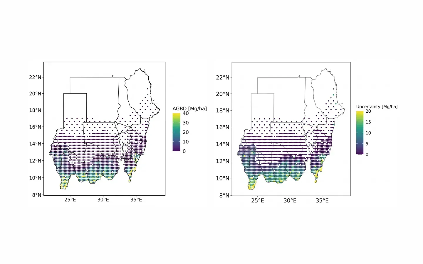 Paired maps of Sudan's National Forest Inventory locations, one shading predicted above-ground biomass density and the other the uncertainty attached to each prediction.