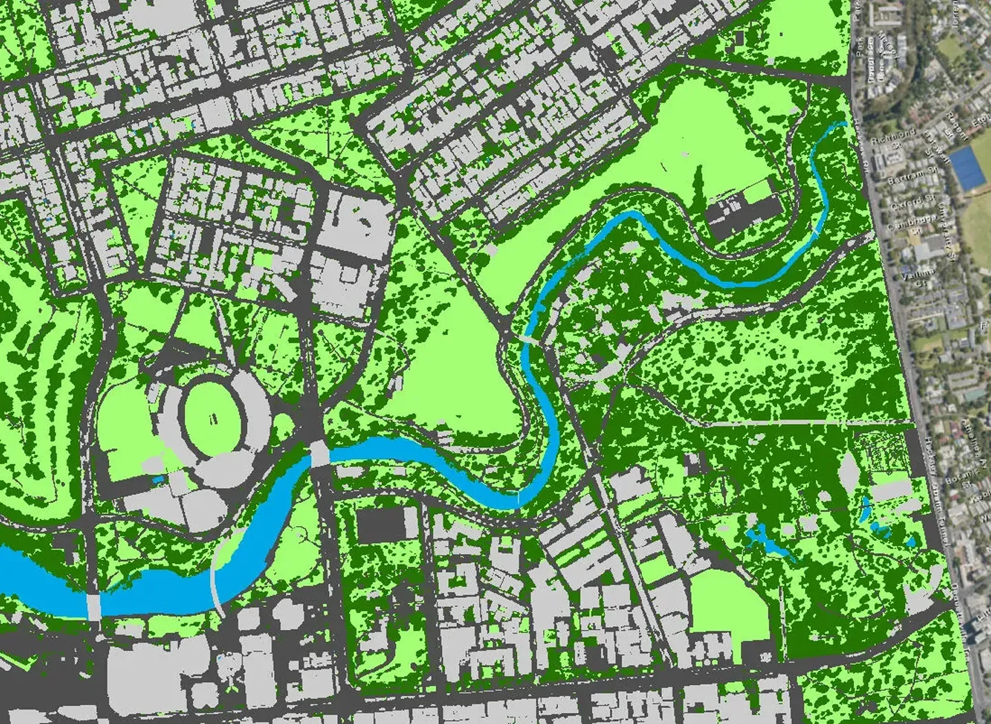 Map of metropolitan Adelaide classifying the ground into permeable natural surfaces and impermeable artificial surfaces such as roofs, roads and paving.