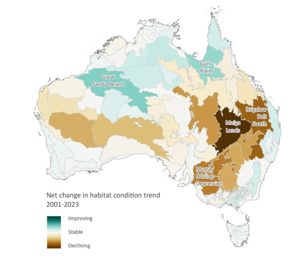 Map of Australia's bioregions shaded by the net change in habitat condition trend across each region.