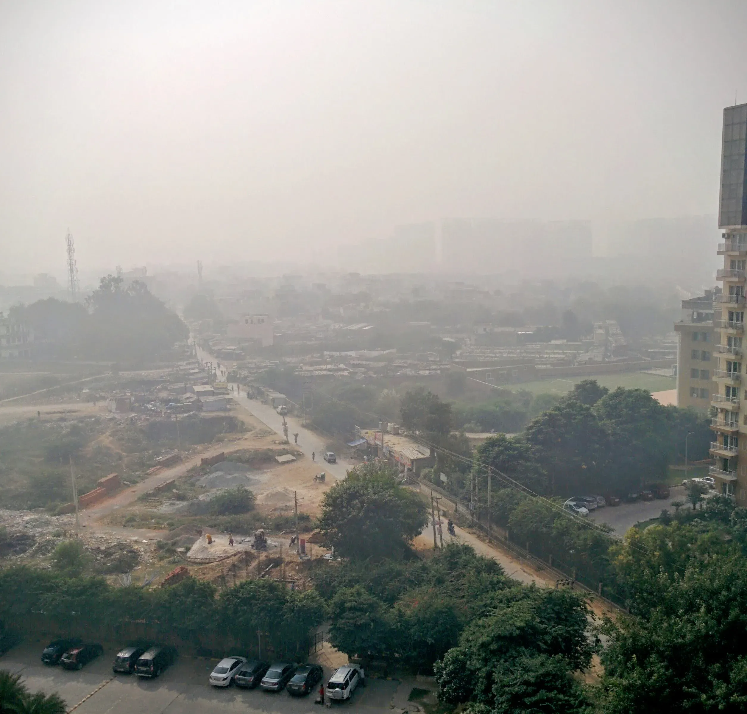 Suburban view in New Delhi with a layer of grey haze hanging over trees and an expanse of open, bare ground.