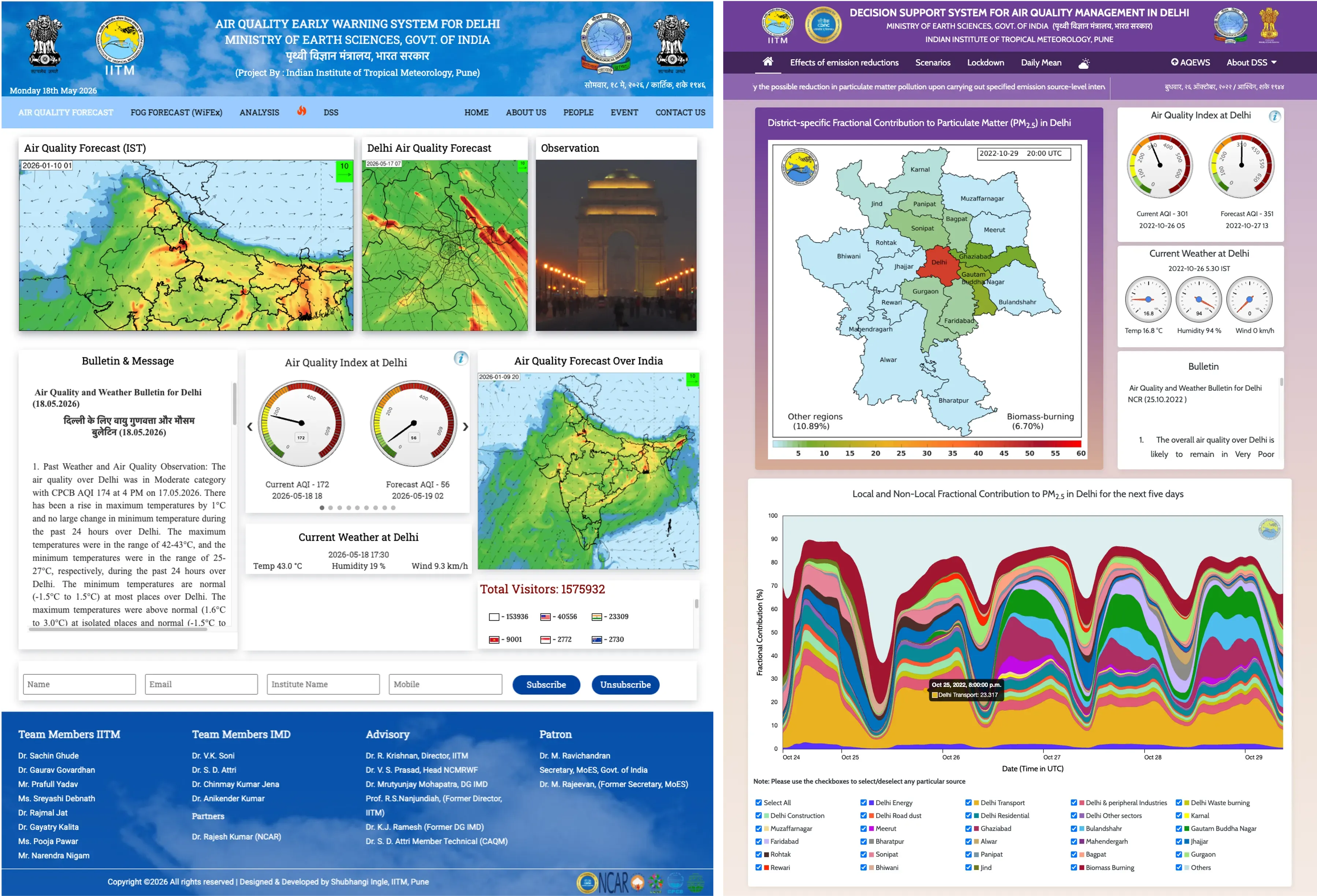 Screenshot of the AIRWISE public dissemination website, showing air quality forecast maps alongside bulletin and decision support links.