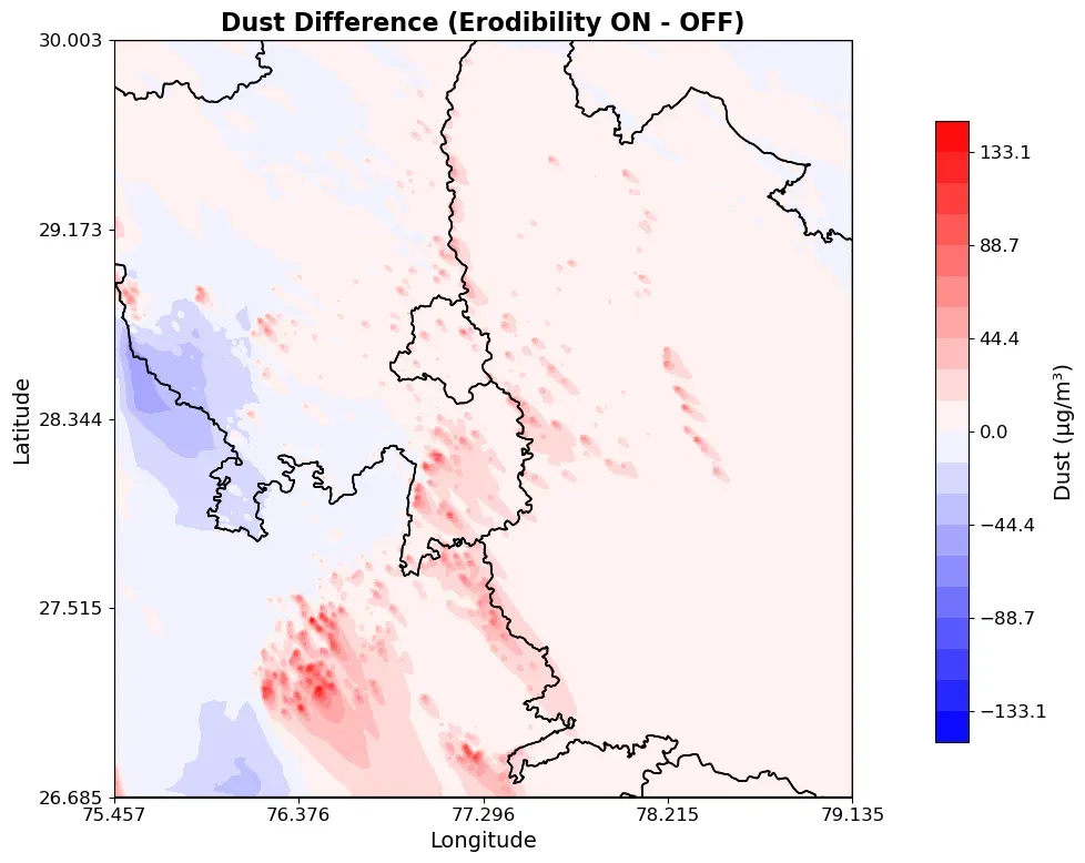 Map of the Delhi National Capital Region shading modelled dust concentrations that originate from the identified barren land, with the highest values over and downwind of the wasteland areas.