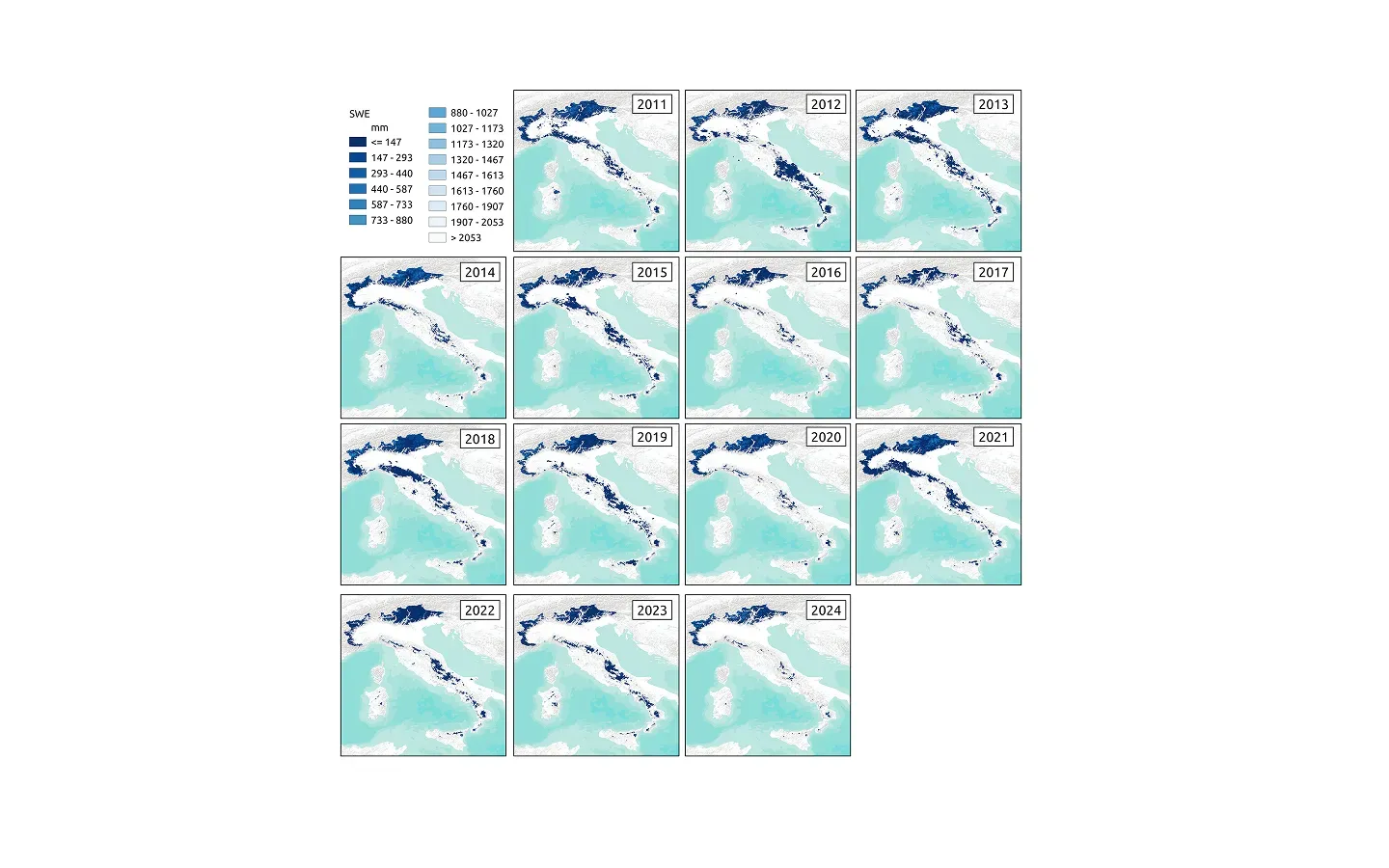 Map of Italy shaded by mean seasonal snow water equivalent, with the highest values along the Alps and the Apennines.