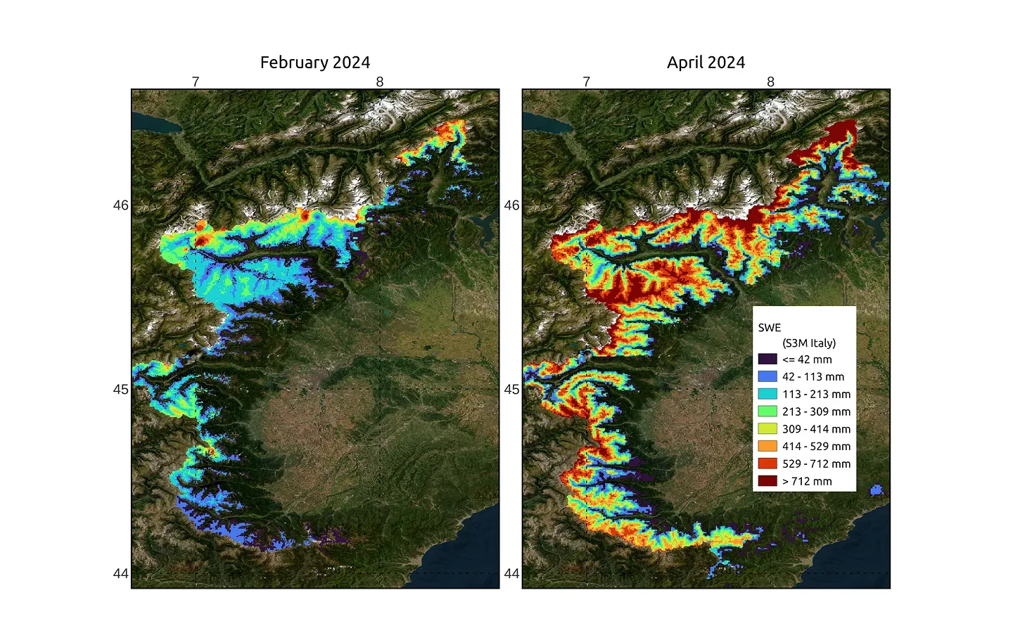 Two maps of north-western Italy side by side comparing the distribution of snow water equivalent in February and in April 2024.
