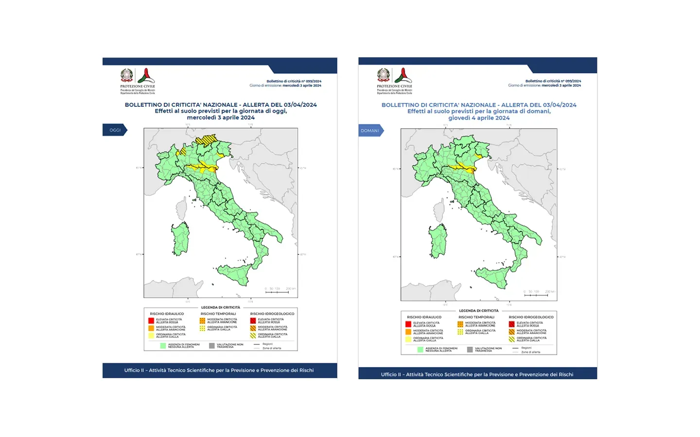 Map of Italy from the Civil Protection Department's daily Criticality Bulletin, with alert areas coloured by warning level.