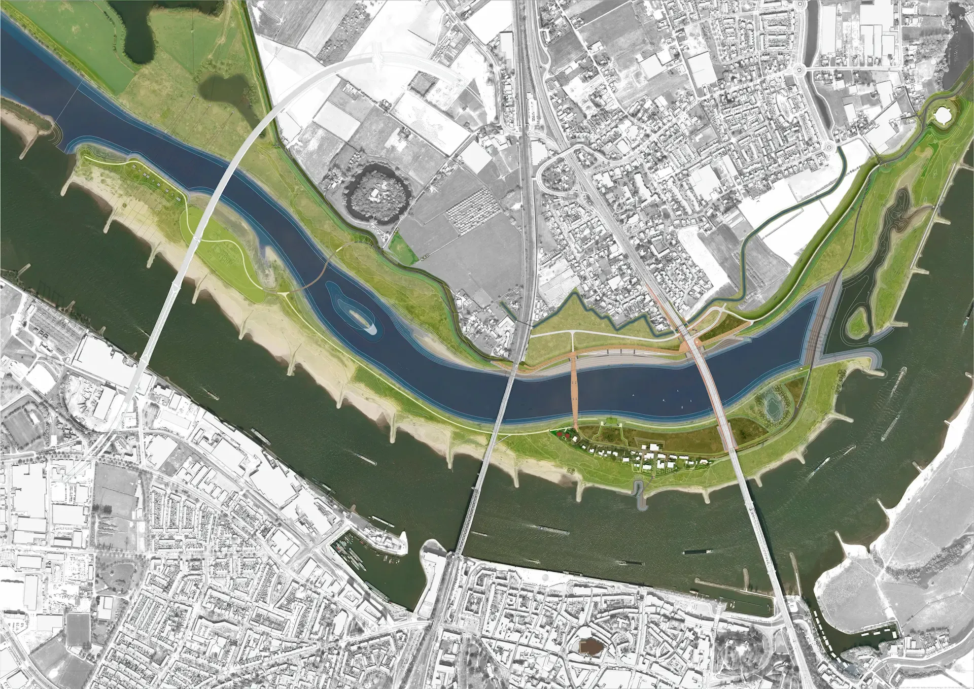 Aerial view of the Room for the River project at Nijmegen, showing the bypass channel cut alongside the river Waal, the island it creates, and the new bridges crossing it.