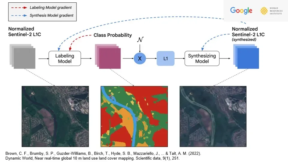 Diagram of the Dynamic World modelling framework, tracing Sentinel-2 imagery through the deep learning model to per-pixel land cover classes.