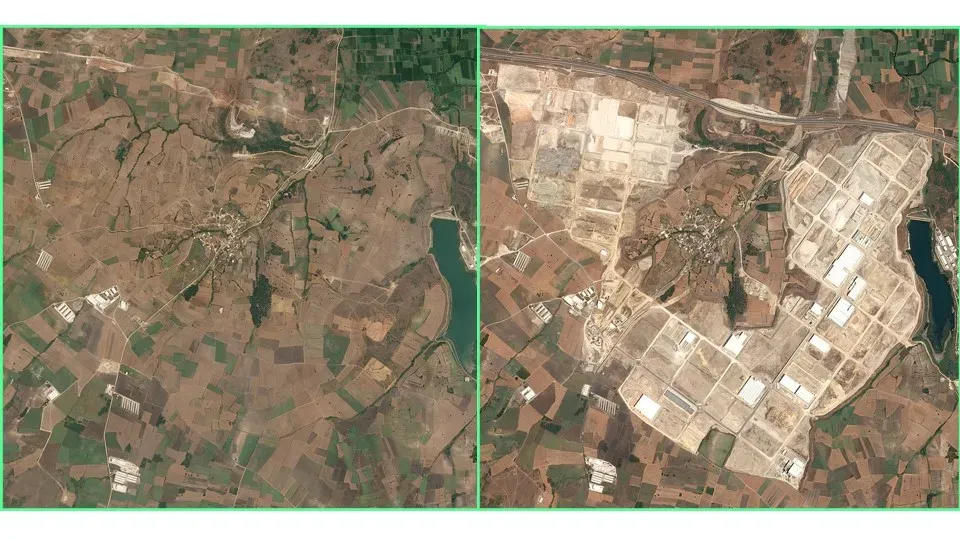 Aerial photograph of the village of Taşpınar in Turkey, its houses ringed by bare gravel workings.