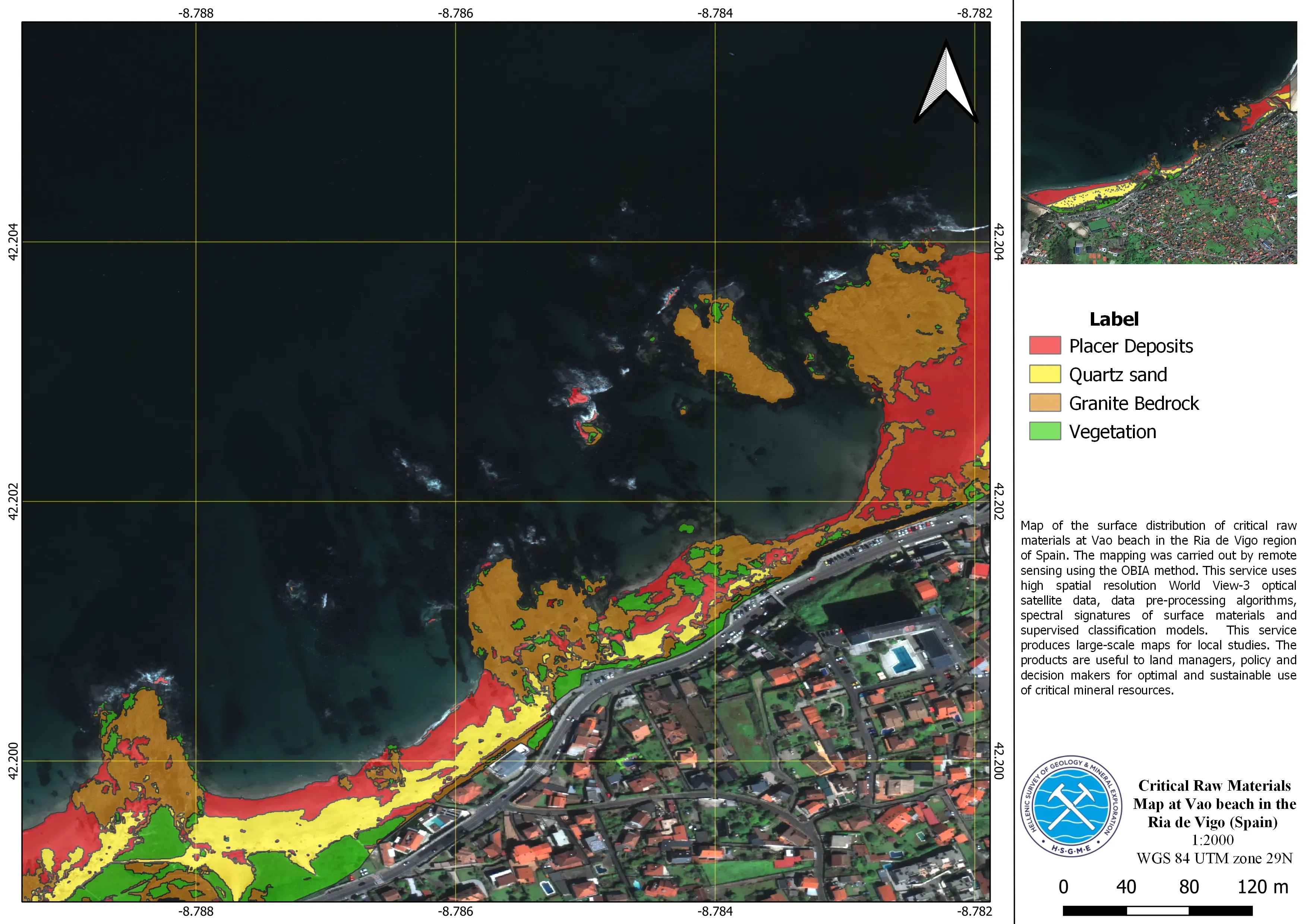 Map of Vao beach in the Ria de Vigo showing the surface distribution of critical raw materials derived from WorldView-3 imagery.