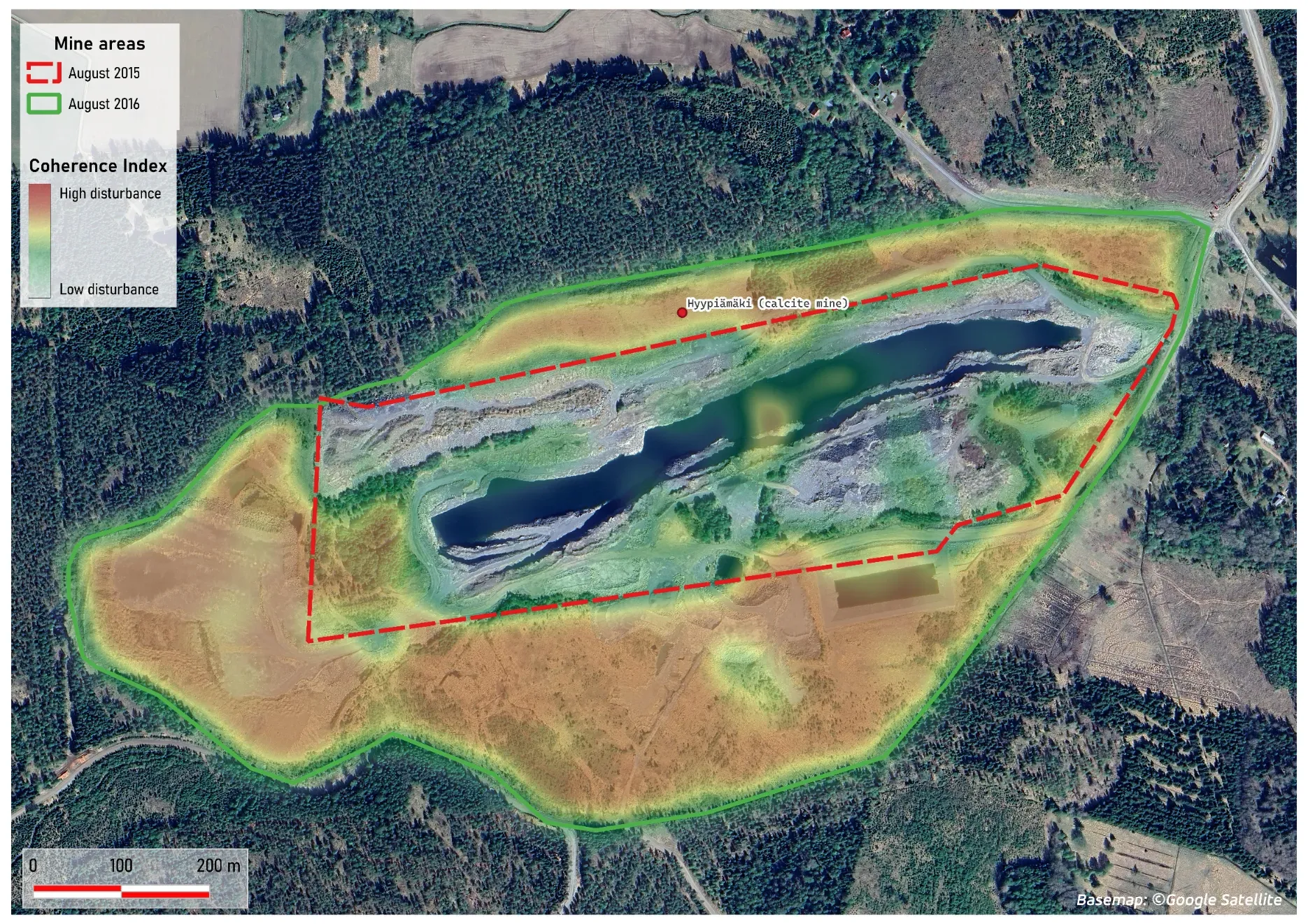 Map of temporal coherence changes derived from SAR data over the Aijala mine area.