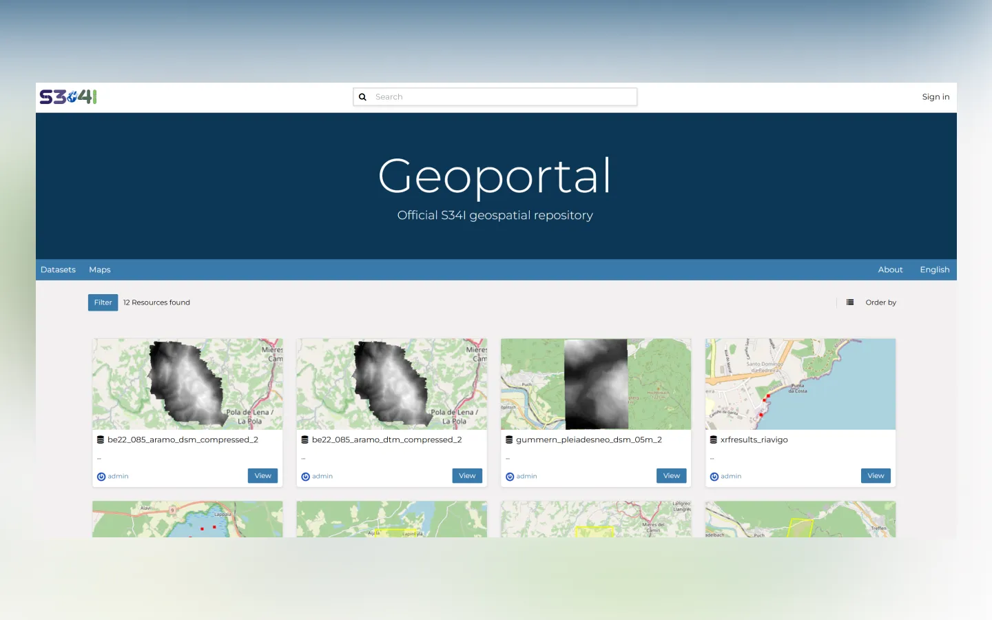Screenshot of the S34I Geoportal web map interface displaying project spatial data layers.