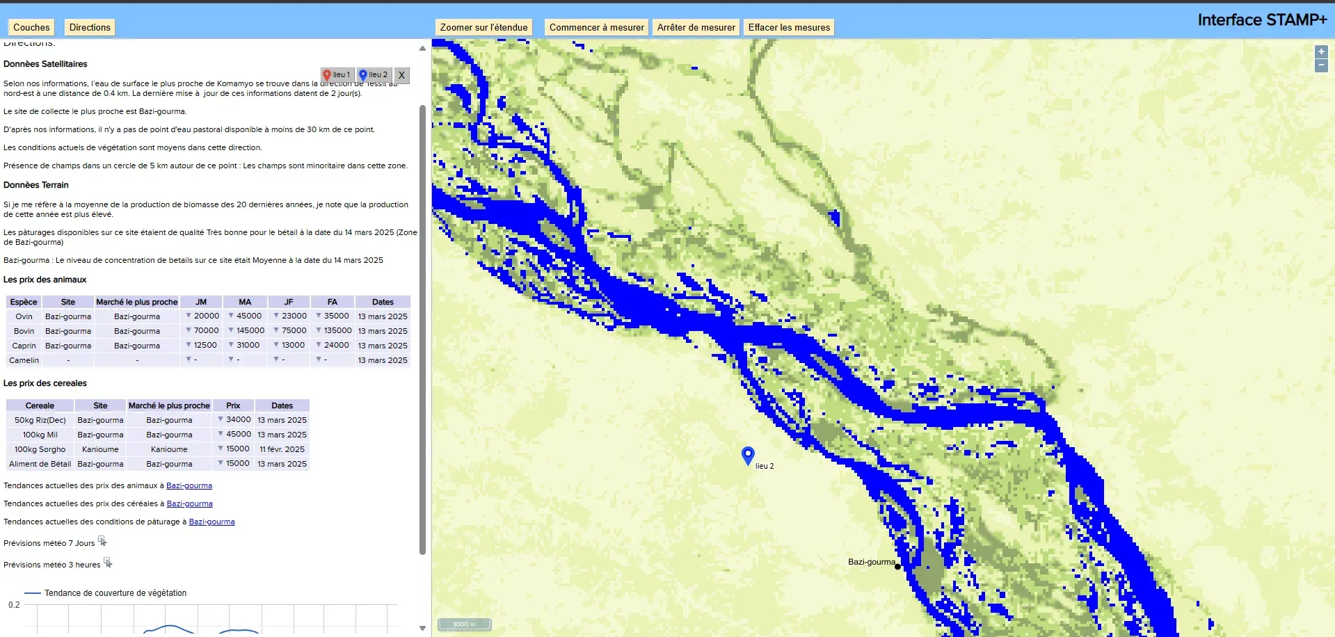 Screenshot of the STAMP+ interface, with a text panel beside a satellite map.