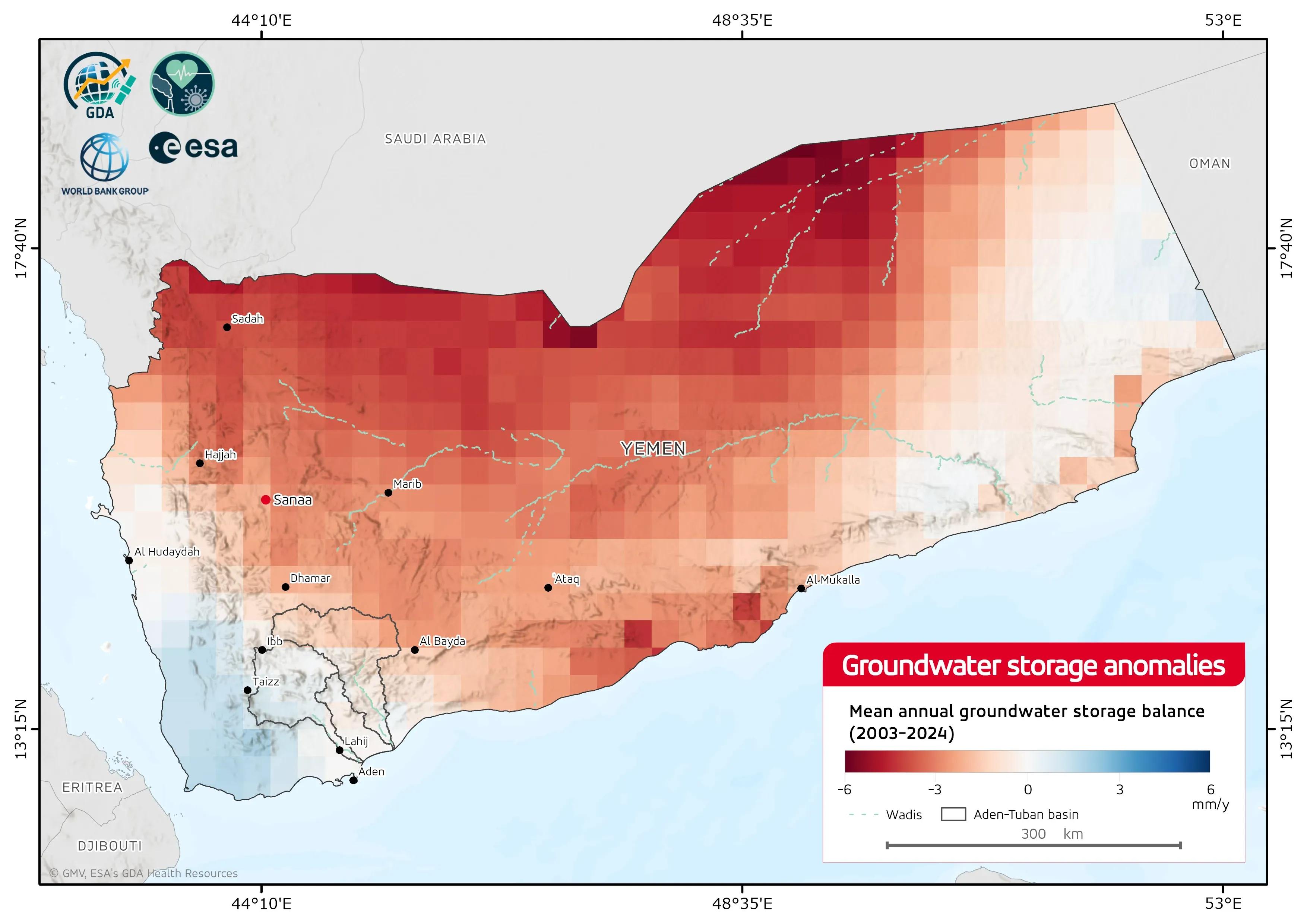 Map of Yemen showing the mean annual groundwater storage balance for 2003–2024 across the country.