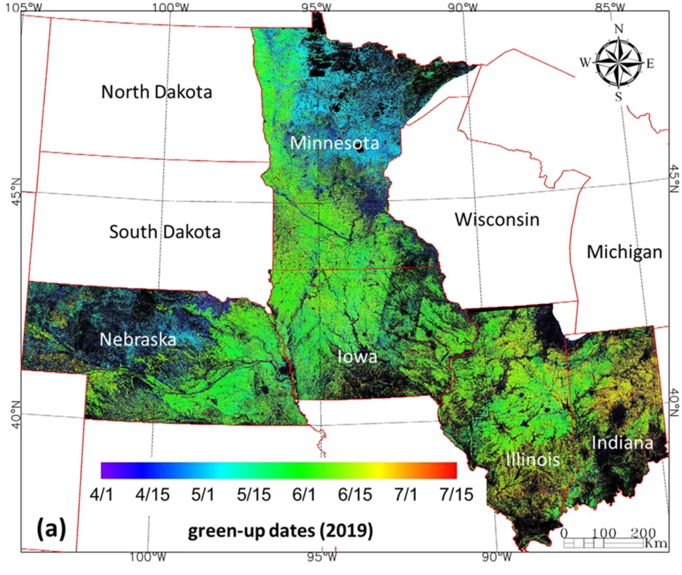 Map of green-up dates for multiple crops across the Corn Belt states, derived from Harmonized Landsat and Sentinel-2 imagery.