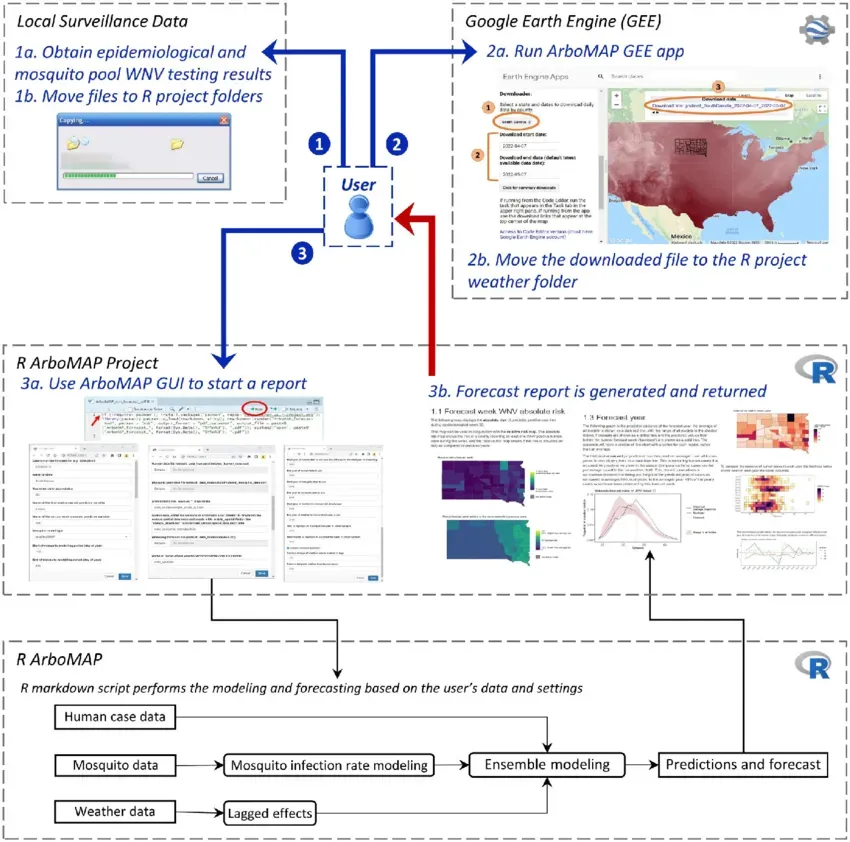 Circular workflow diagram placing public health users at the centre of the West Nile virus forecasting process, from data collection through modelling to reporting and feedback.