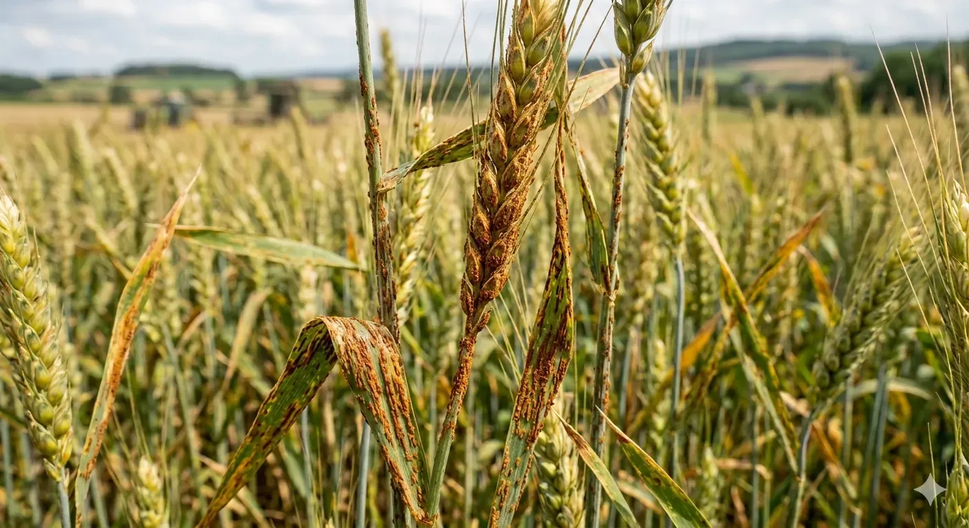 Close-up of wheat in a field, its leaves and ear streaked with orange-brown rust.