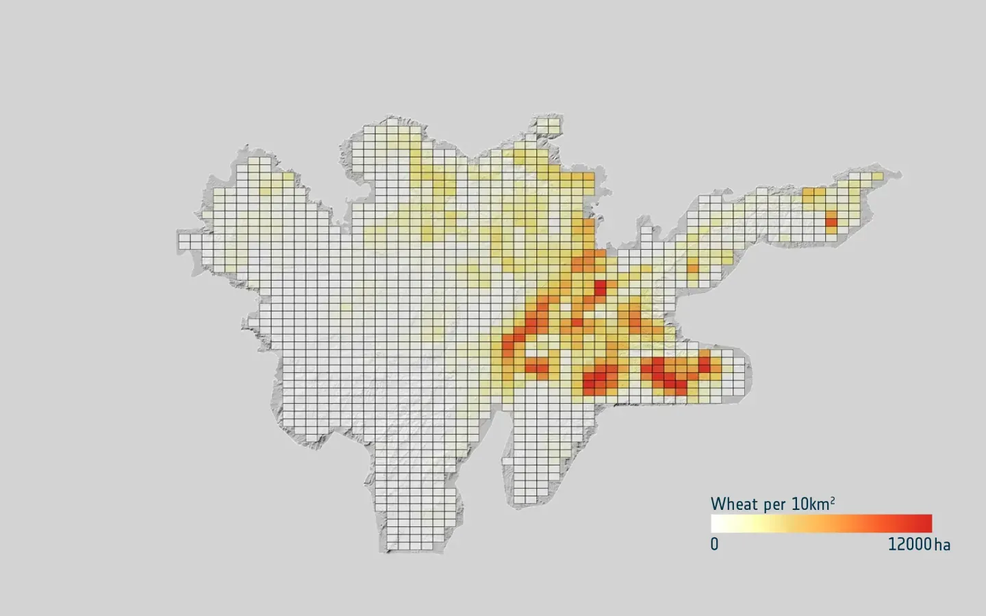 Grid map of Ethiopia shading each 10 km cell by the wheat area it holds, from zero to 12,000 hectares, with the densest cells forming a band through the centre and east of the country.