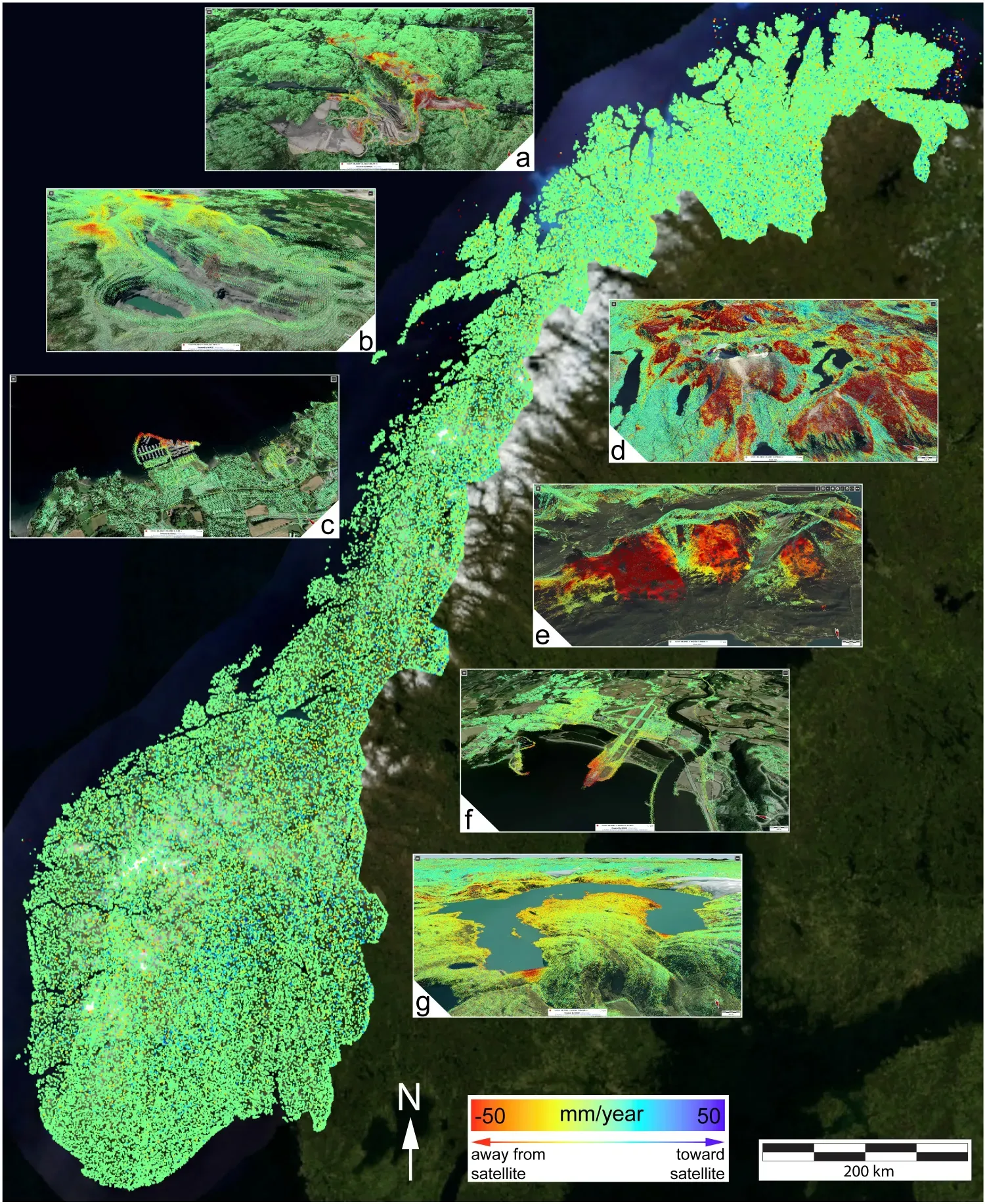 Nationwide map of ground deformation across Norway surrounded by seven inset panels, labelled a to g, showing application examples at mines, reclaimed land, permafrost terrain, unstable slopes and a hydropower dam.