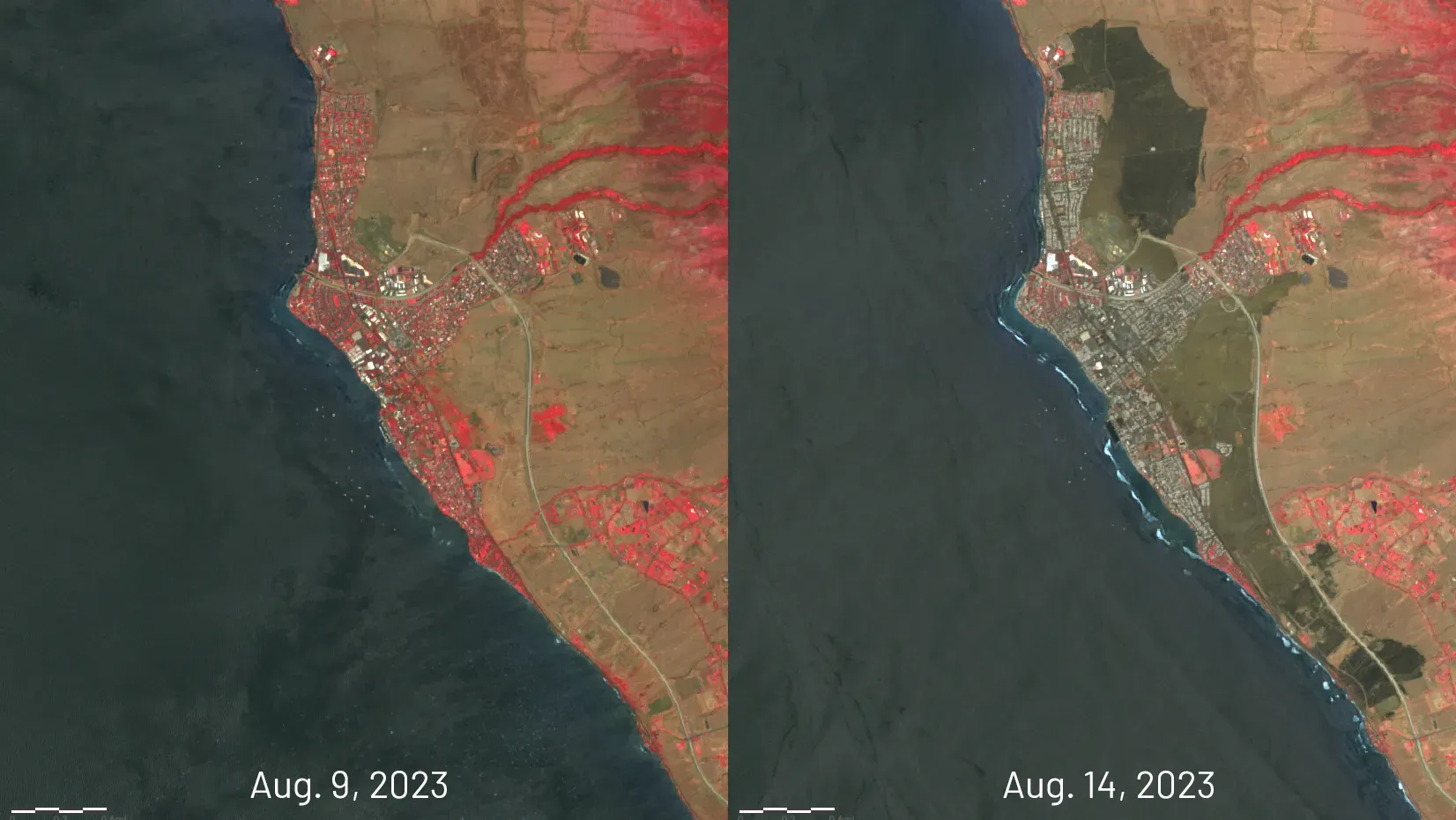 Before-and-after satellite images of a town hit by wildfires.