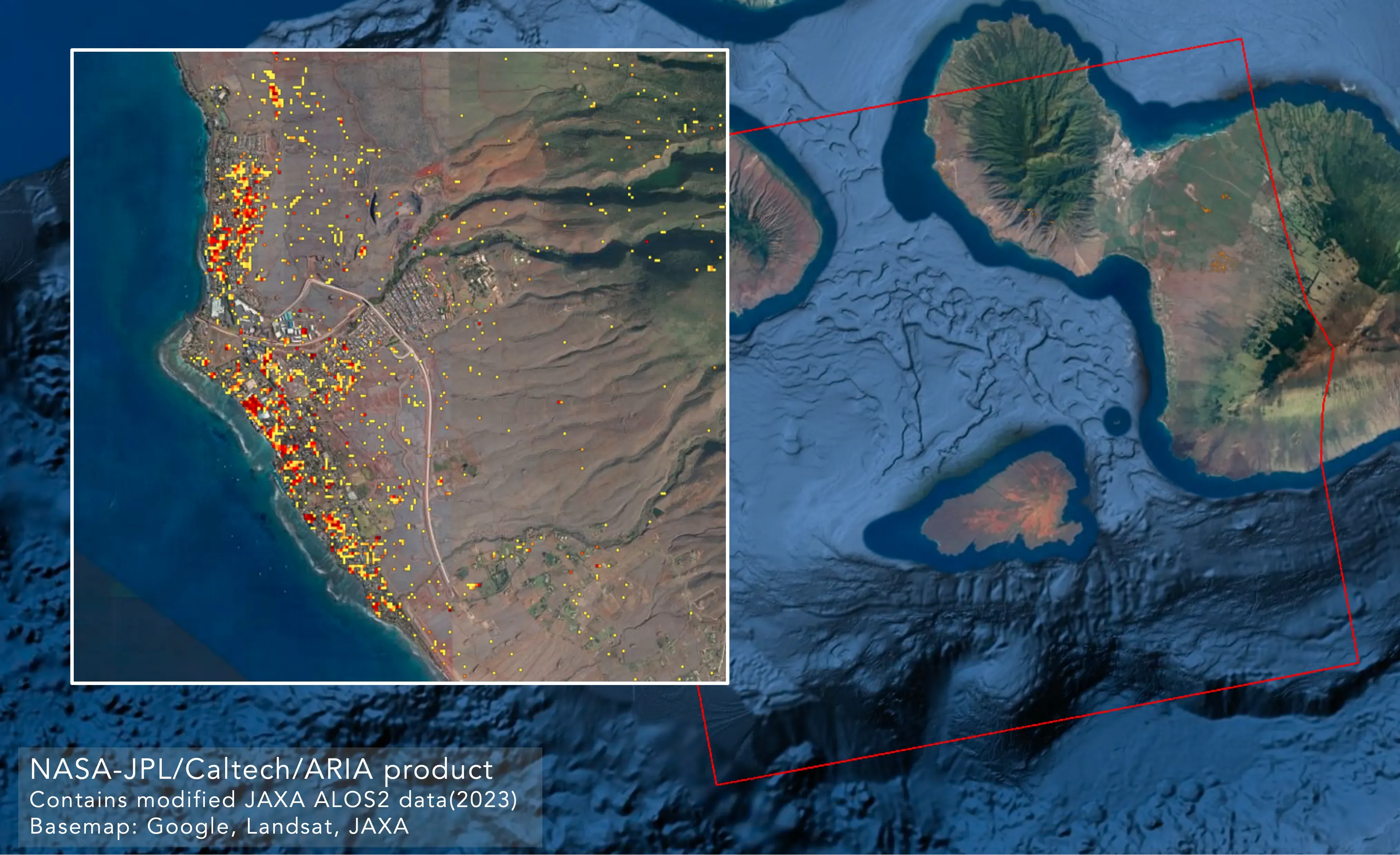 Map highlighting buildings likely damaged by wildfires.