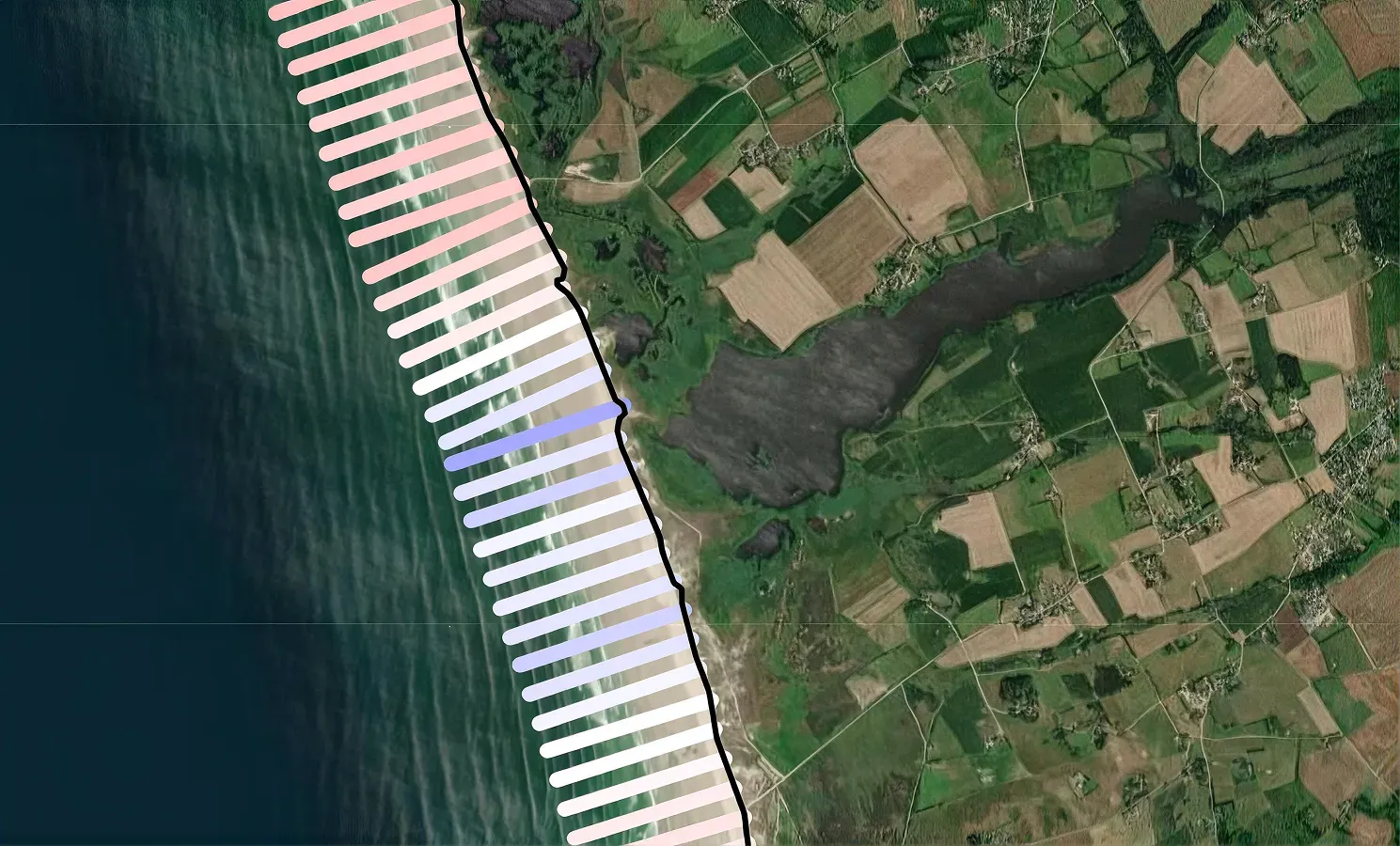 Map of the Bretagne coastline overlaid with short shore-normal stripes coloured red, blue or white to show eroding, accreting and neutral sections.