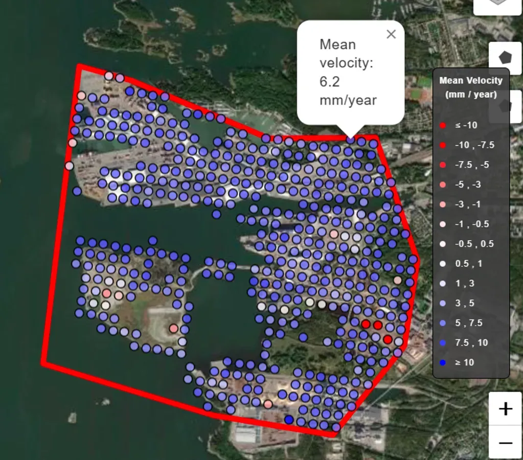 Map of the Port of Raahe area with ground motion measurement points coloured by rate of vertical land movement.