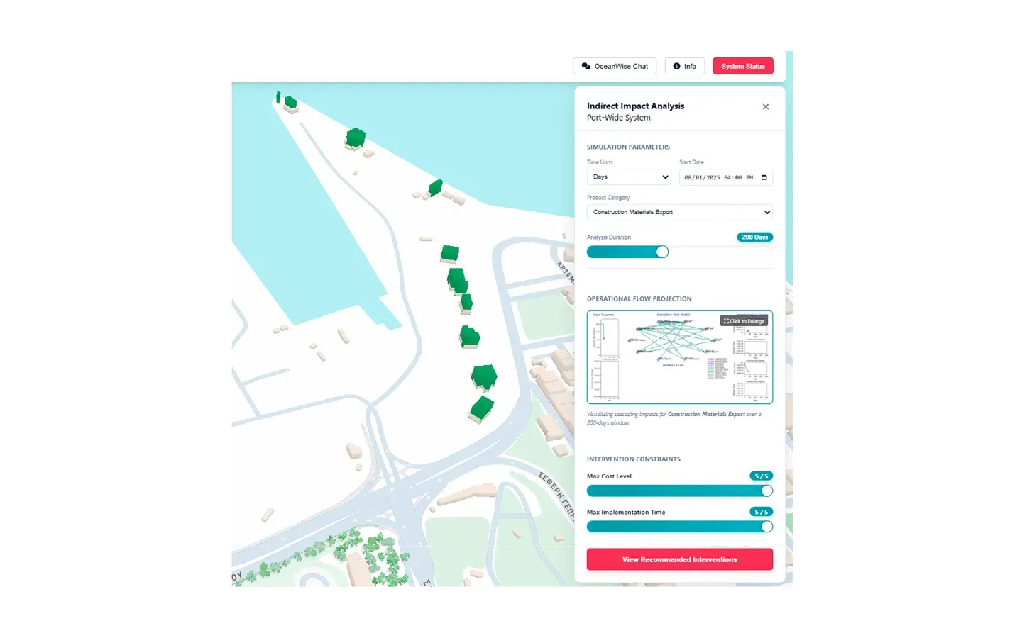 Decision Support Platform screen showing a coastal site map with hazard, asset and fragility layers stacked for risk assessment.