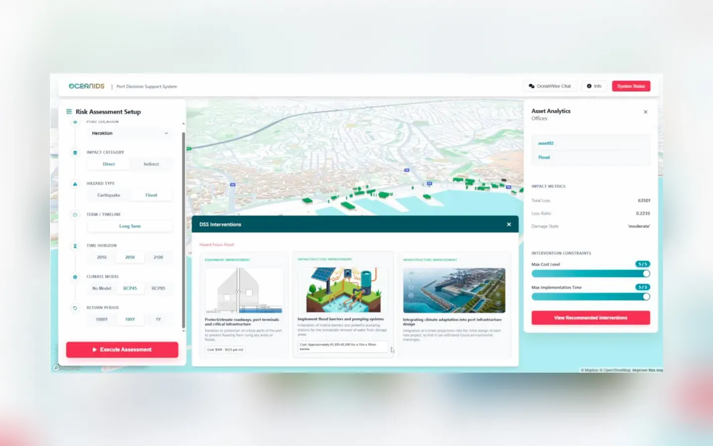 Decision Support Platform screen listing recommended adaptation and mitigation measures for a port, each with an effectiveness rating and estimated cost.