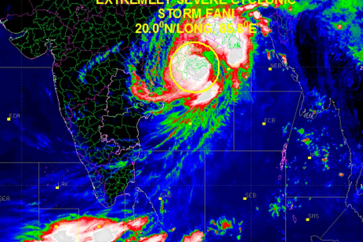 Satellite image of Cyclone Fani, a large spiral storm system over the Bay of Bengal, making landfall on the east coast of India.