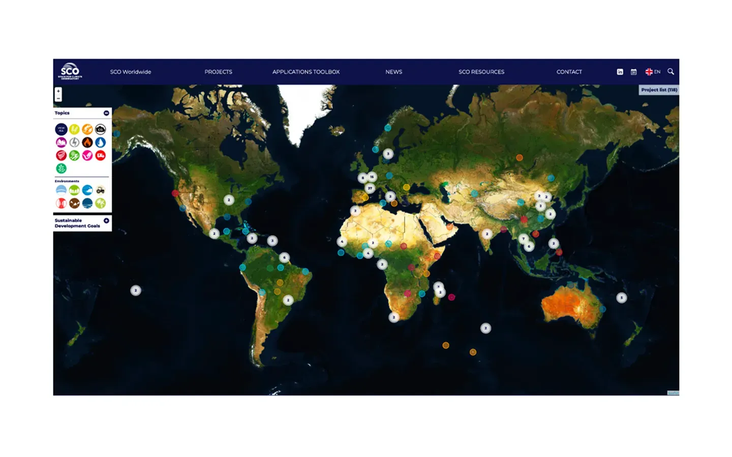 Screenshot of the Space for Climate Observatory website showing its catalogue of projects.