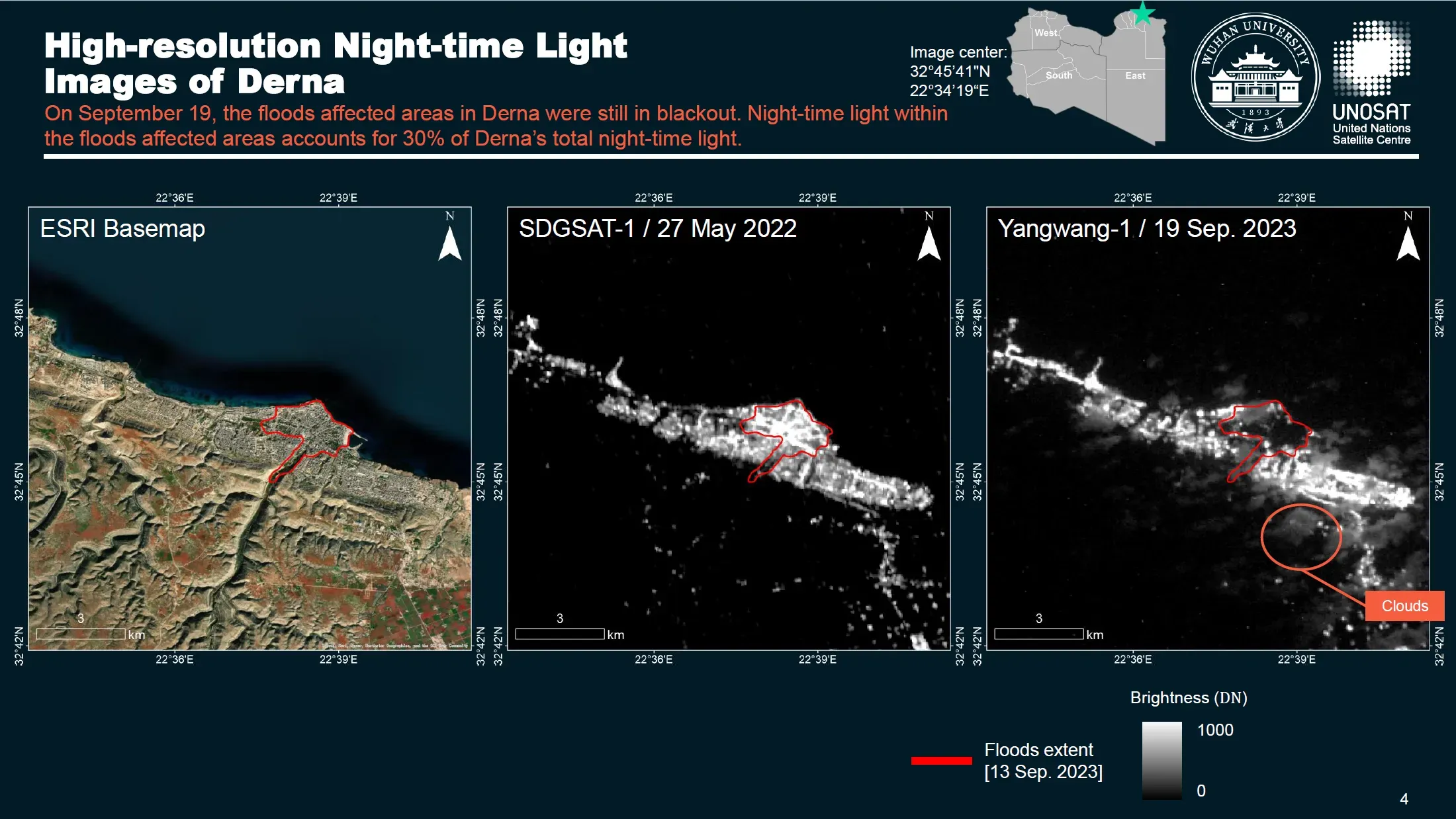 Before-and-after high-resolution night-time light imagery of Derna with building-scale changes in lighting highlighted.