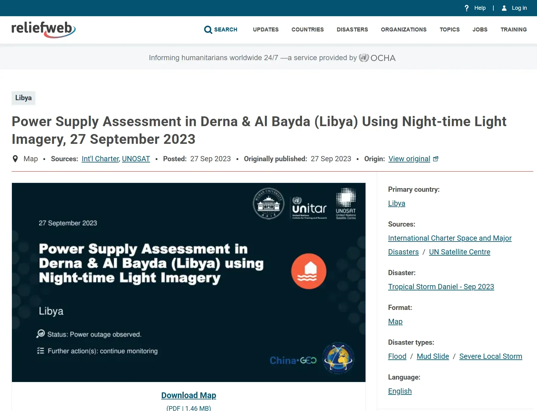 Screenshot of a ReliefWeb report page citing the night-time light power supply assessment for Libya.