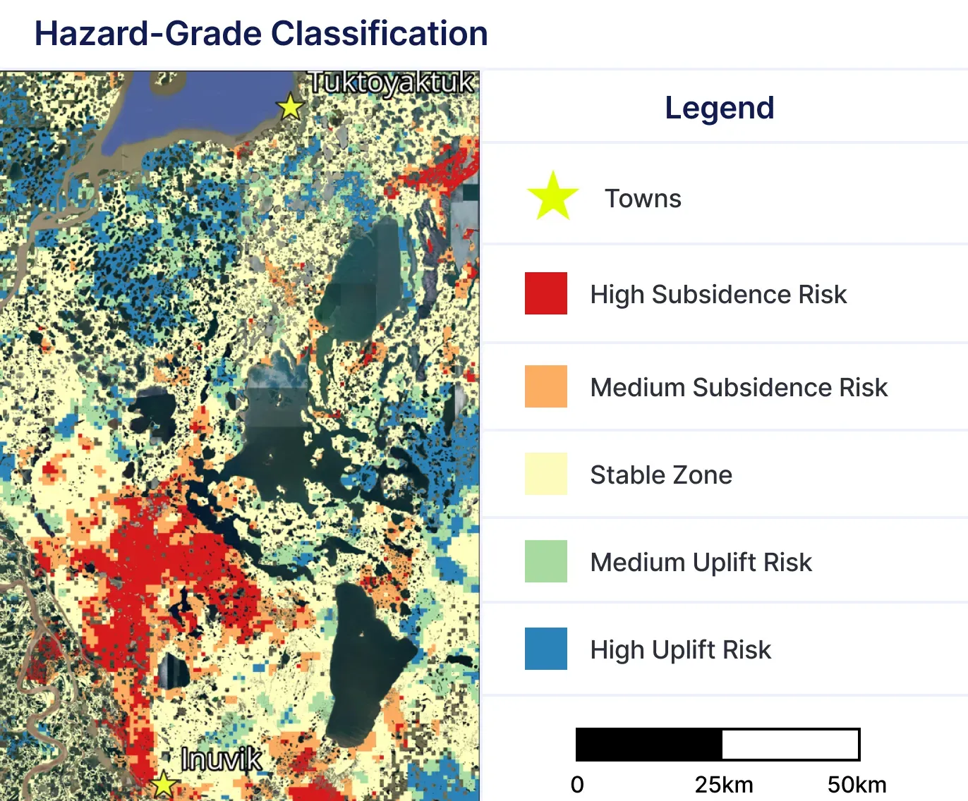 Map of the monitoring area with measurement points coloured by hazard grade, showing the severity and type of ground movement along the monitored corridors.