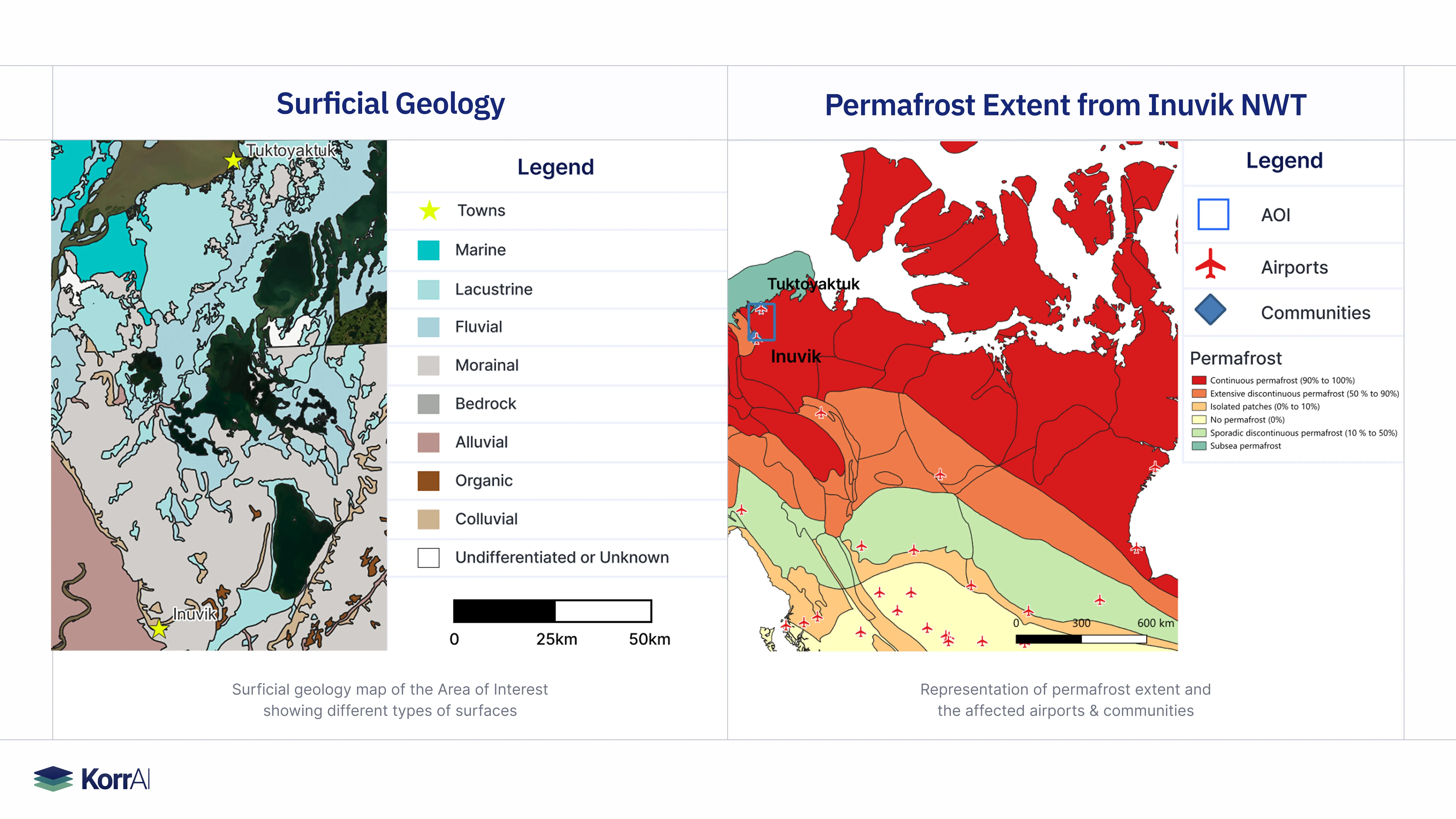 Side-by-side maps of surficial geology units and permafrost extent across the study area, used as overlays to explain where and why the ground is deforming.