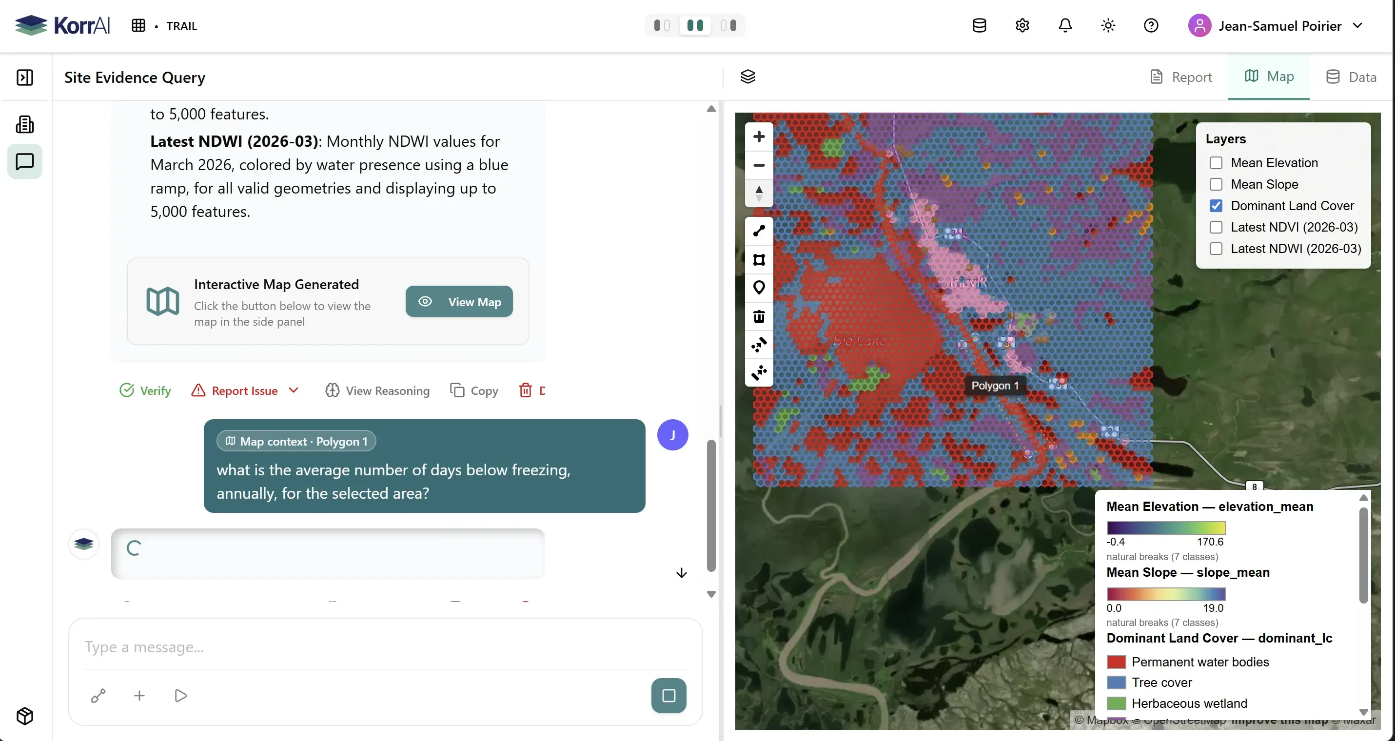 Screenshot of the TRAIL platform dashboard combining ground deformation hazard grades with other site data layers in a single risk view.