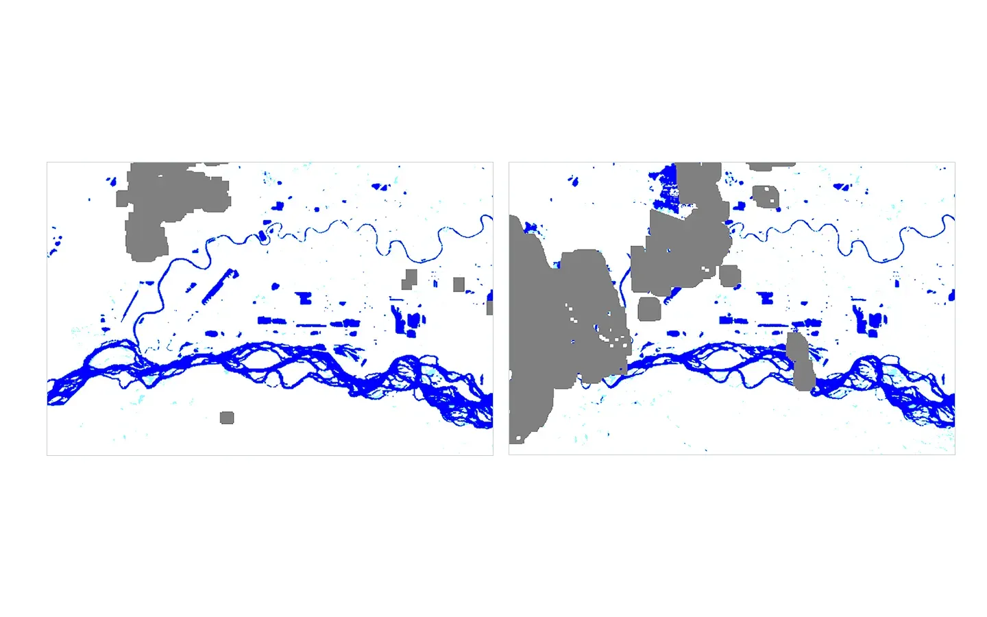 Two side-by-side DSWx-HLS maps of Fairbanks, Alaska, on consecutive days in June 2024, with detected surface water shown in colour over the river network.