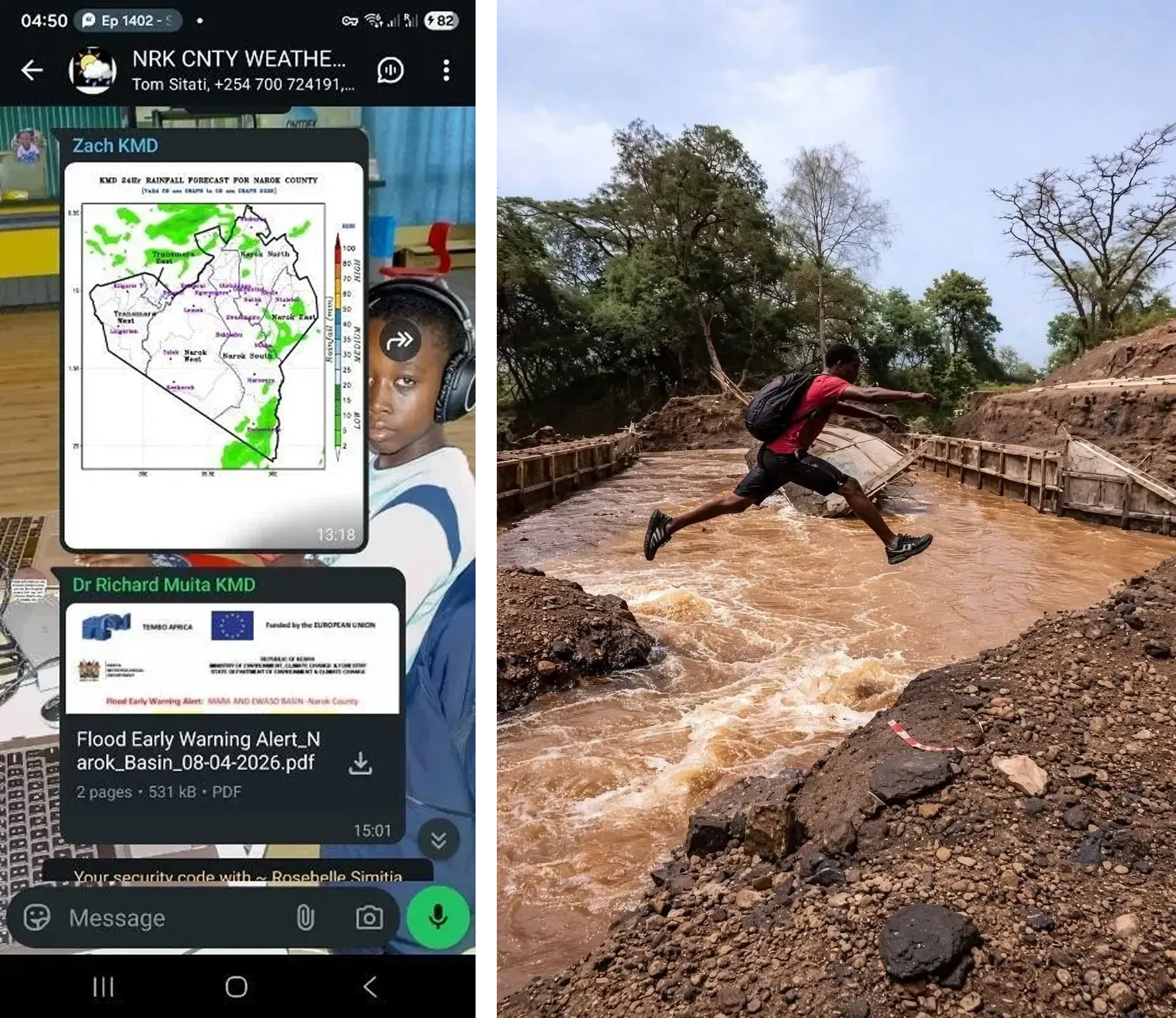 A flood warning message issued for Narok, giving the expected river level, the areas at risk and the action residents should take.