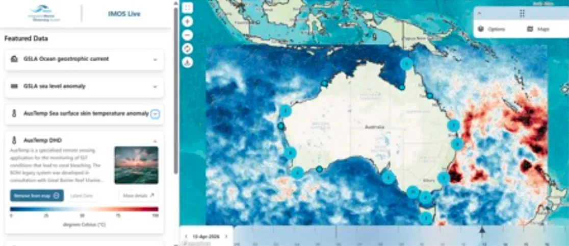 The IMOS Live map interface showing degree heating day values shaded across Australian waters, with the strongest values off the coast.