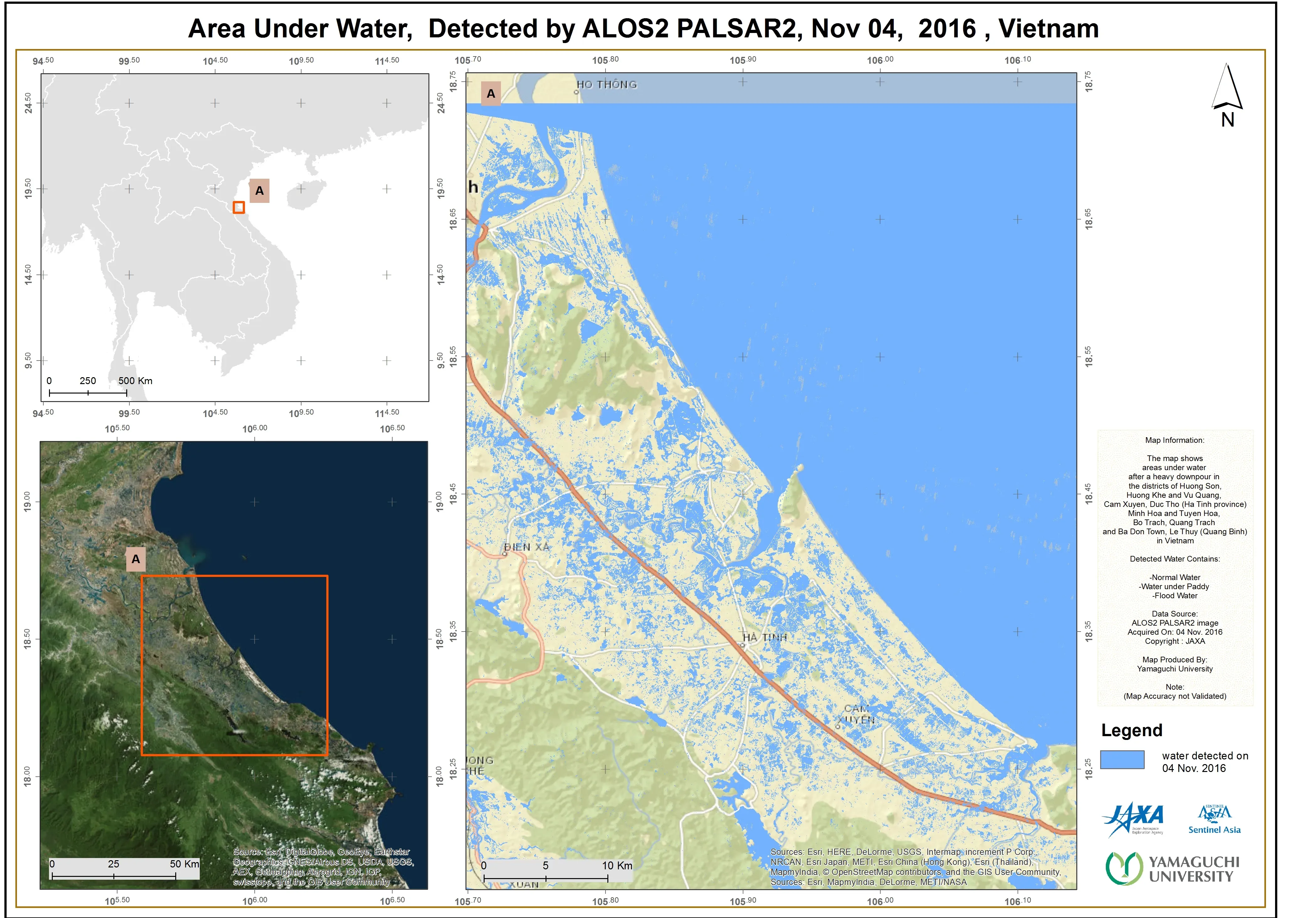 Satellite-derived flood extent map of the affected provinces of Vietnam, with inundated areas highlighted against the river network and settlements.