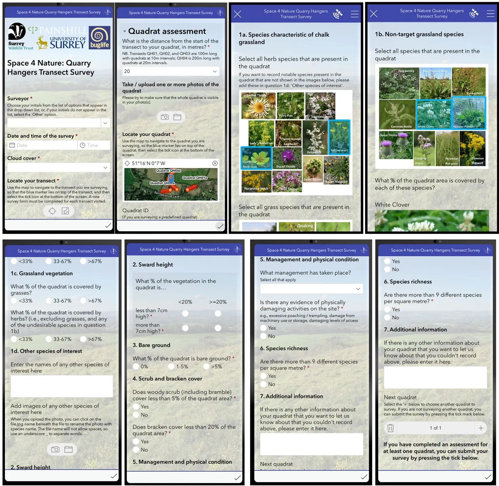 Screens from the Survey123 mobile app showing the standardised habitat survey questions volunteers answered in the field.