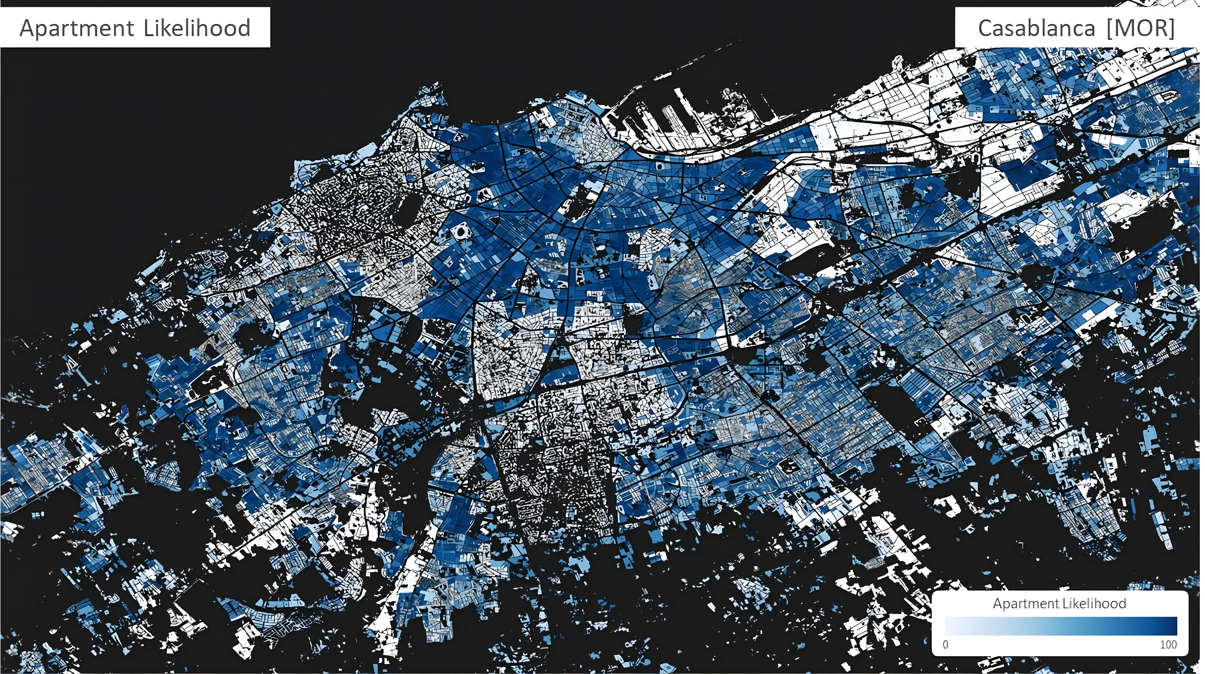 Map of Casablanca shading each built-up area by how likely it is to be apartment housing.
