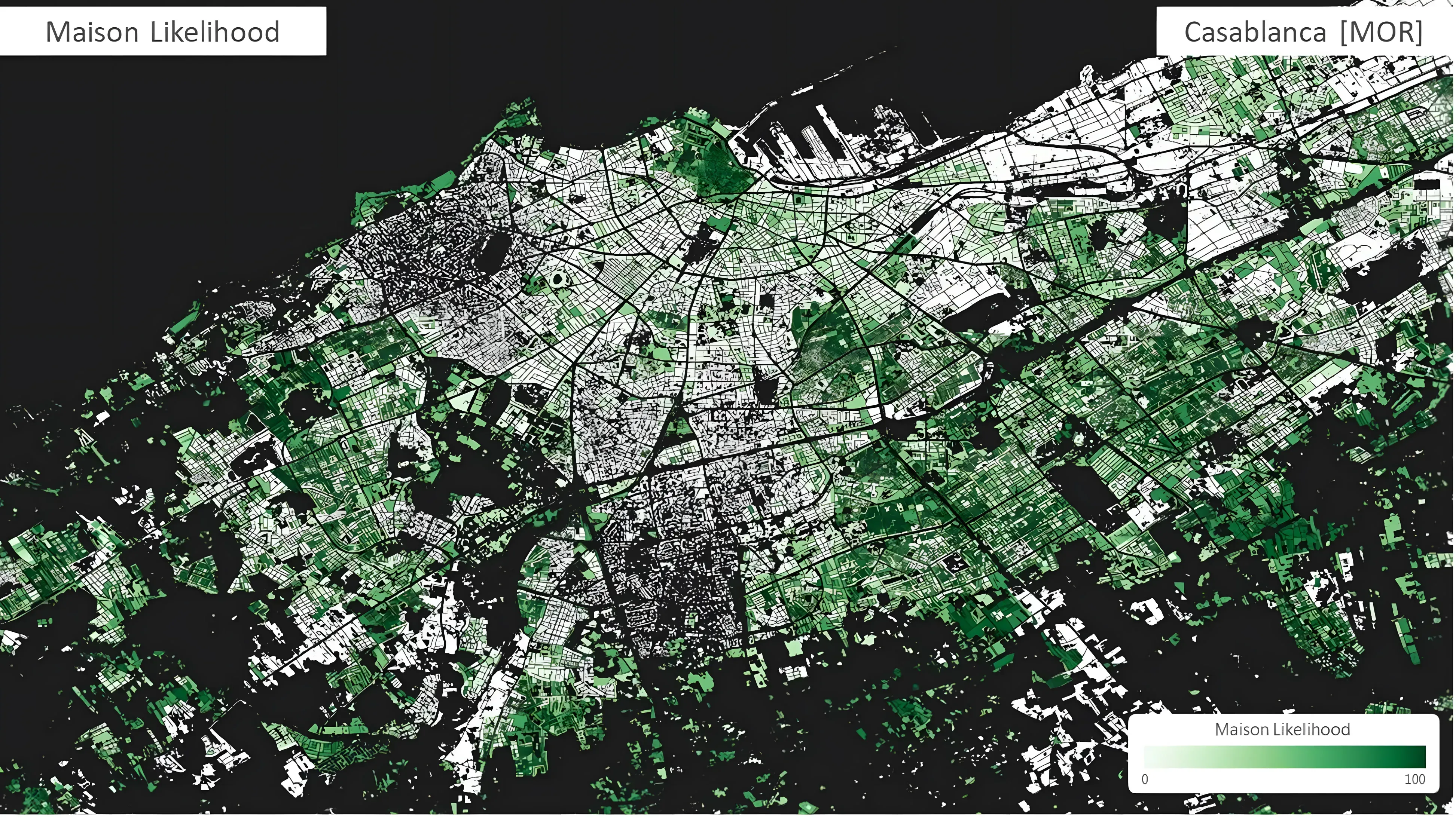 Map of Casablanca shading each built-up area by how likely it is to be traditional Moroccan housing.