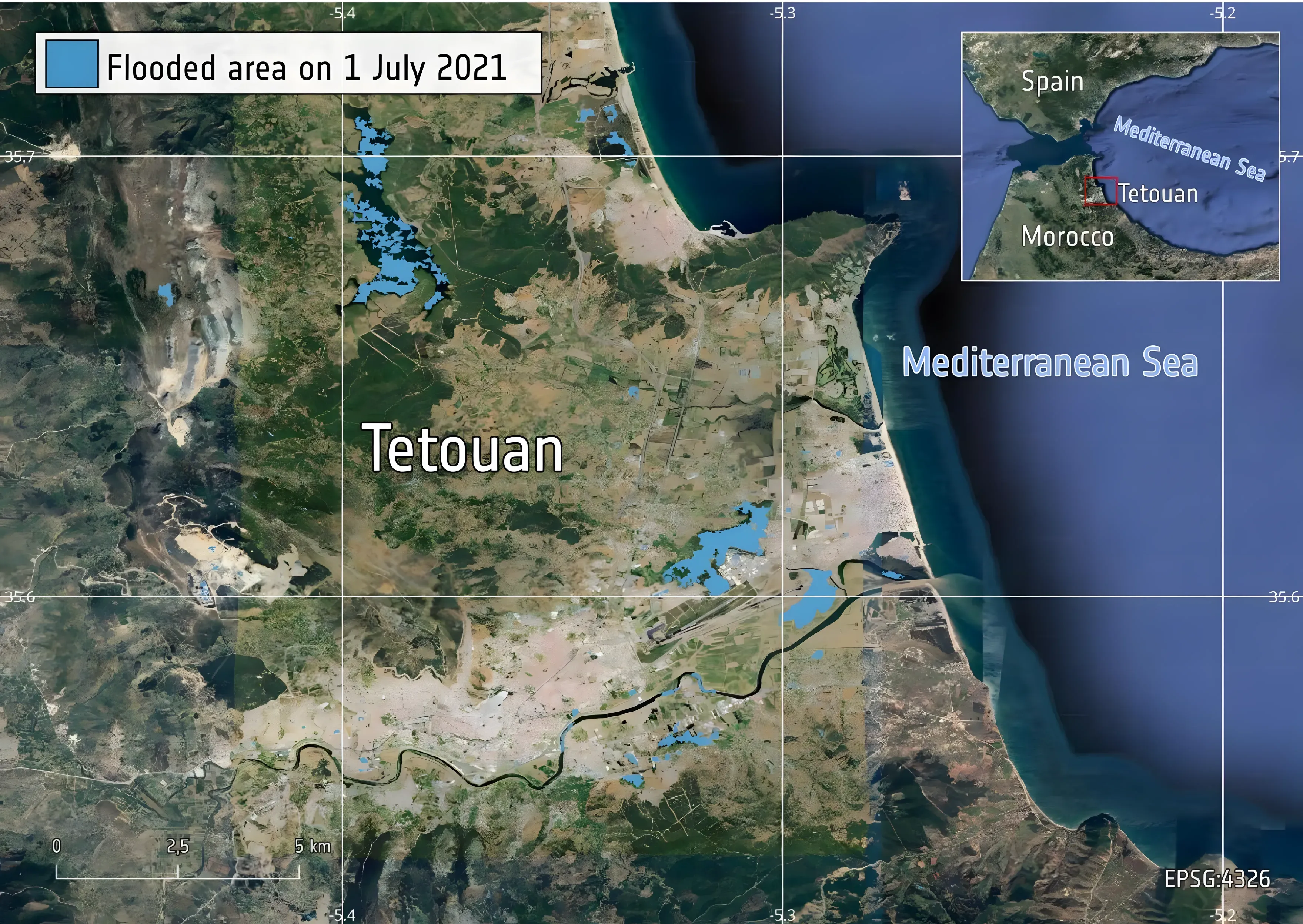 Flood map of Tetouan, Morocco, with flooded areas picked out across both rural land and the built-up city.