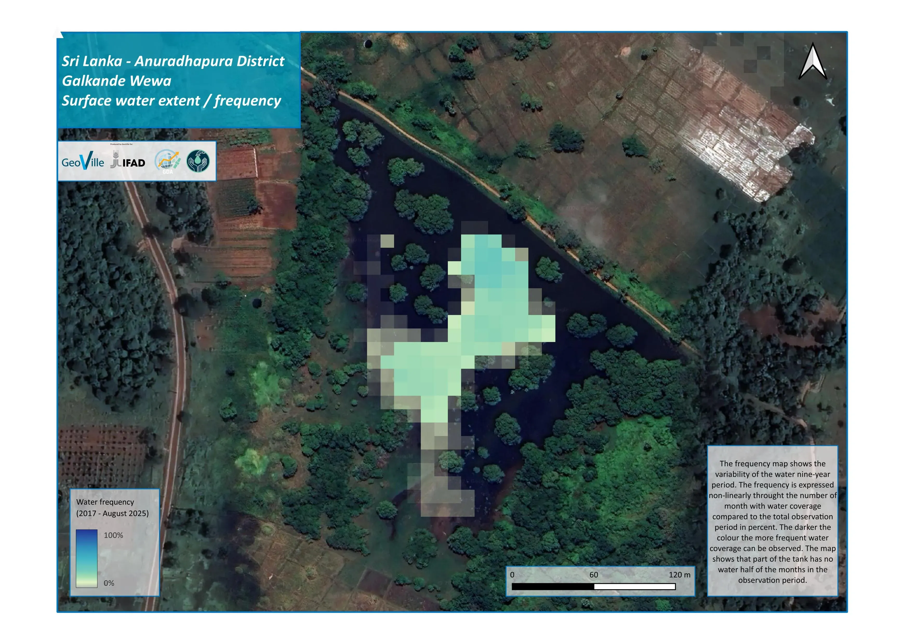 Map of Galkande Wewa with each pixel shaded by how often it was classified as water between 2017 and 2025.