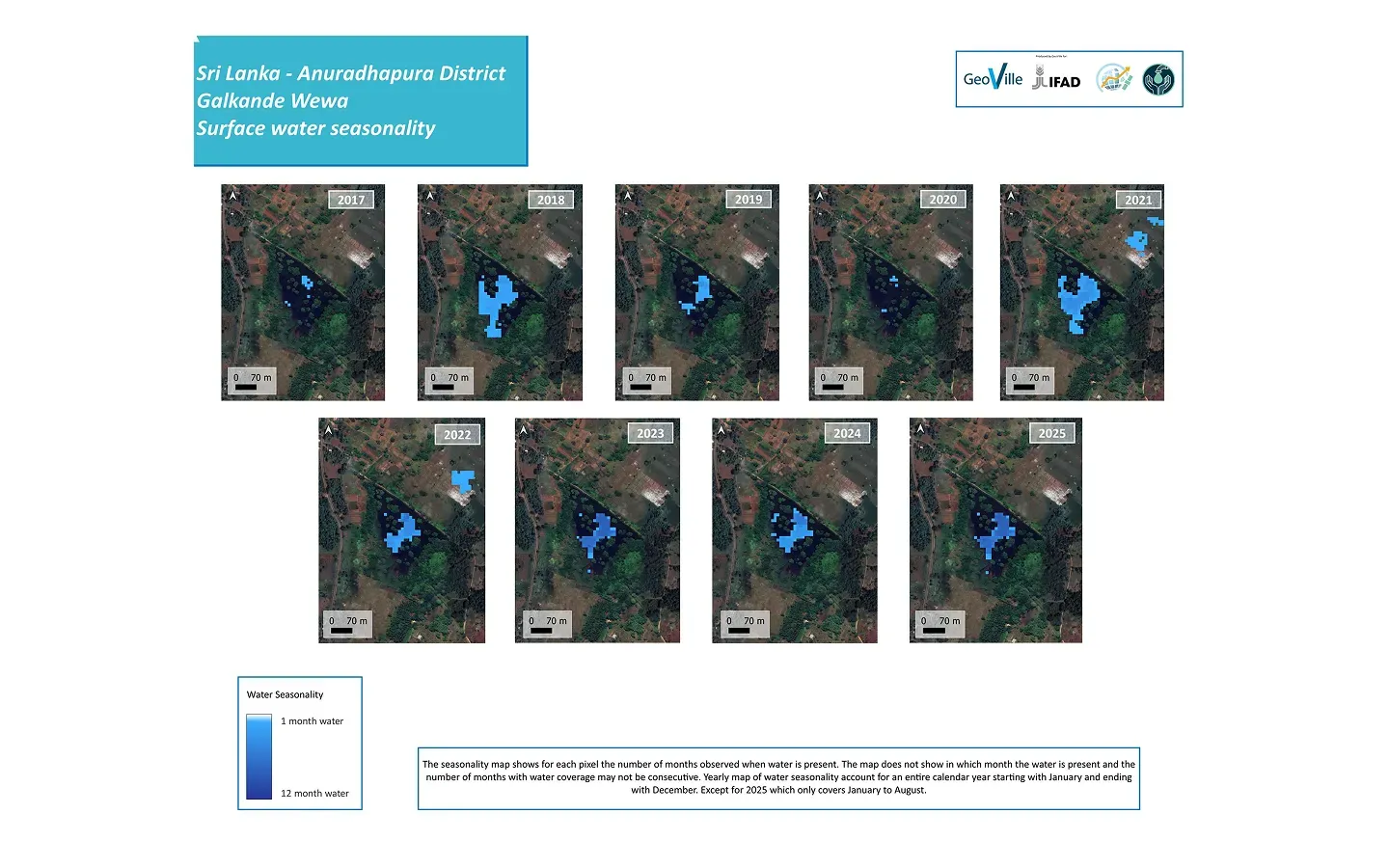 Map of Galkande Wewa shaded by the number of months per year in which water was detected, over nine years.