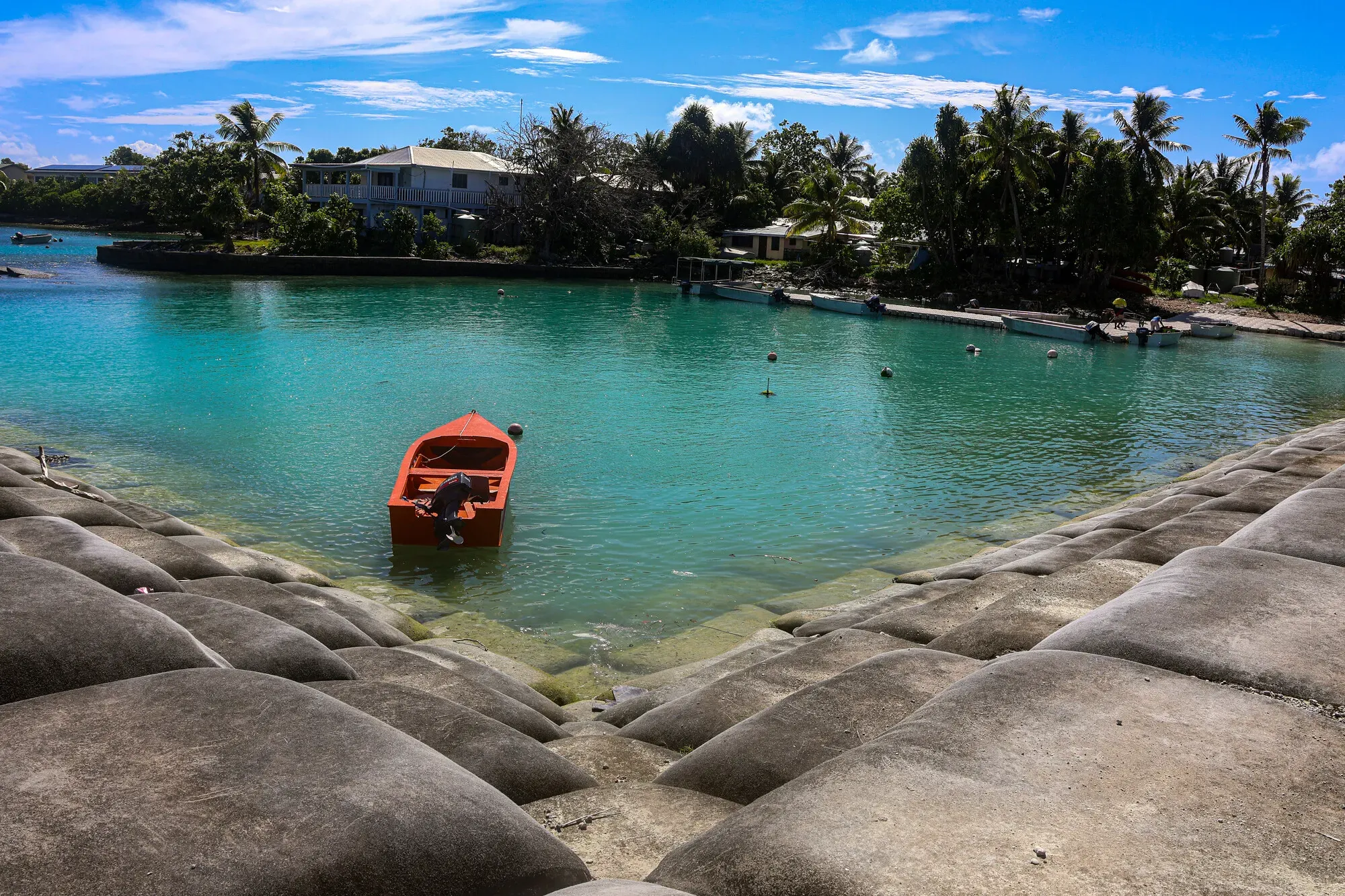 Coastal protection works along a stretch of shoreline in Tuvalu.