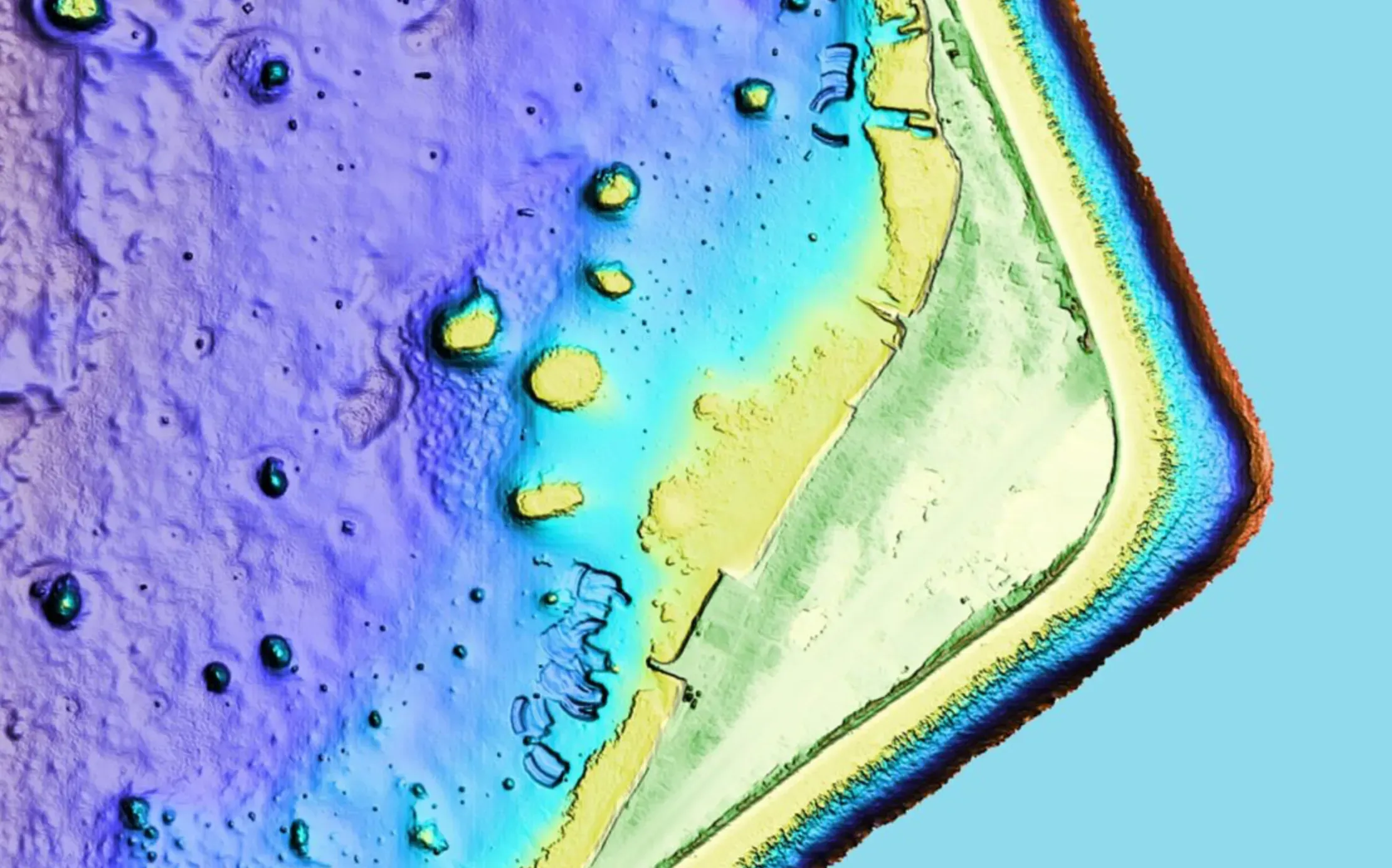 Three-dimensional LiDAR terrain model of the islet of Fogafale, shaded by elevation.