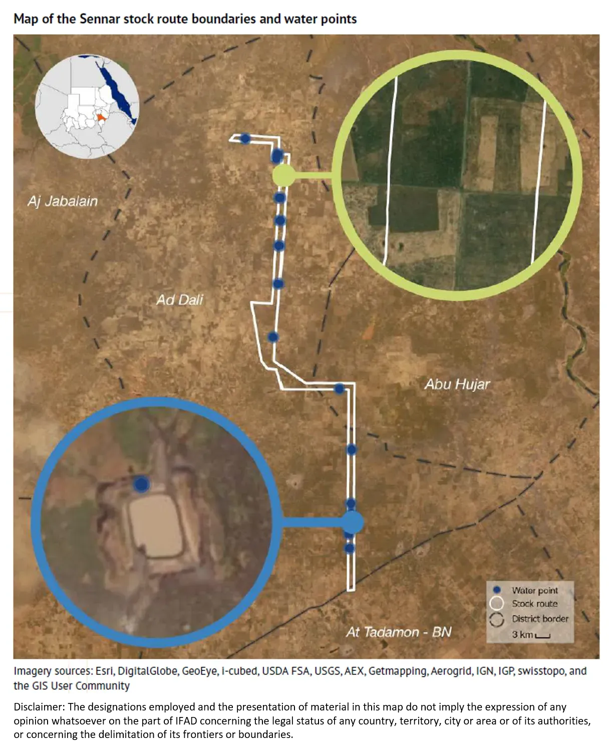 Map of the Sennar stock route corridor showing its mapped boundaries and the water points located along it.